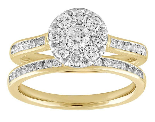 18ct Yellow & White Gold 1.00ct Diamond Halo Bridal Ring Set
