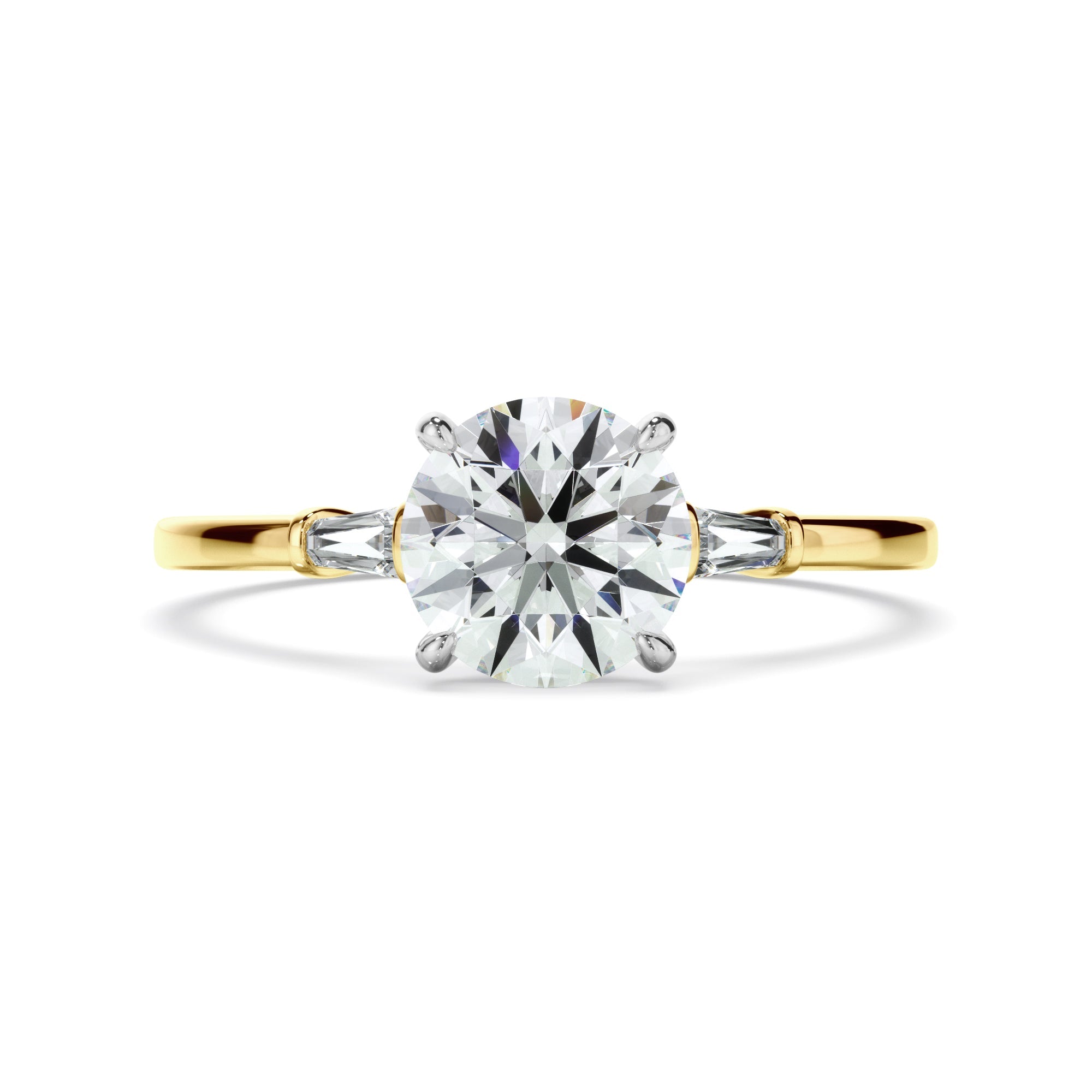 Round Brilliant Cut Diamond Engagement Ring With Baguette Sides