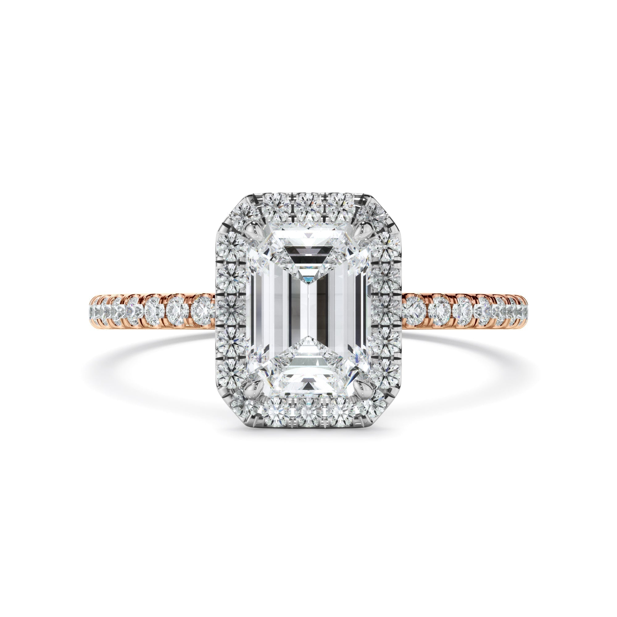 Emerald Cut Diamond Halo Engagement Ring With Pave Band