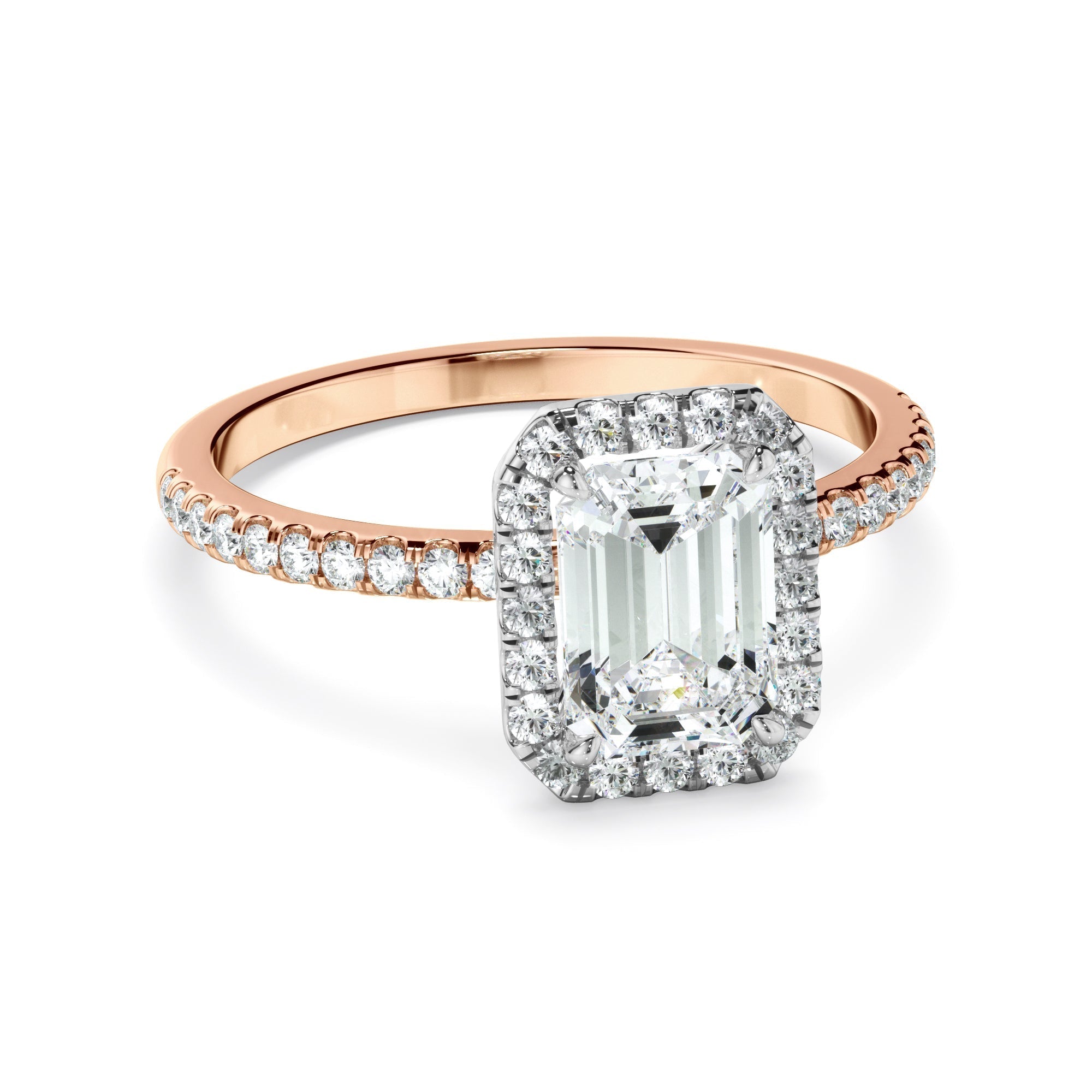 Emerald Cut Diamond Halo Engagement Ring With Pave Band