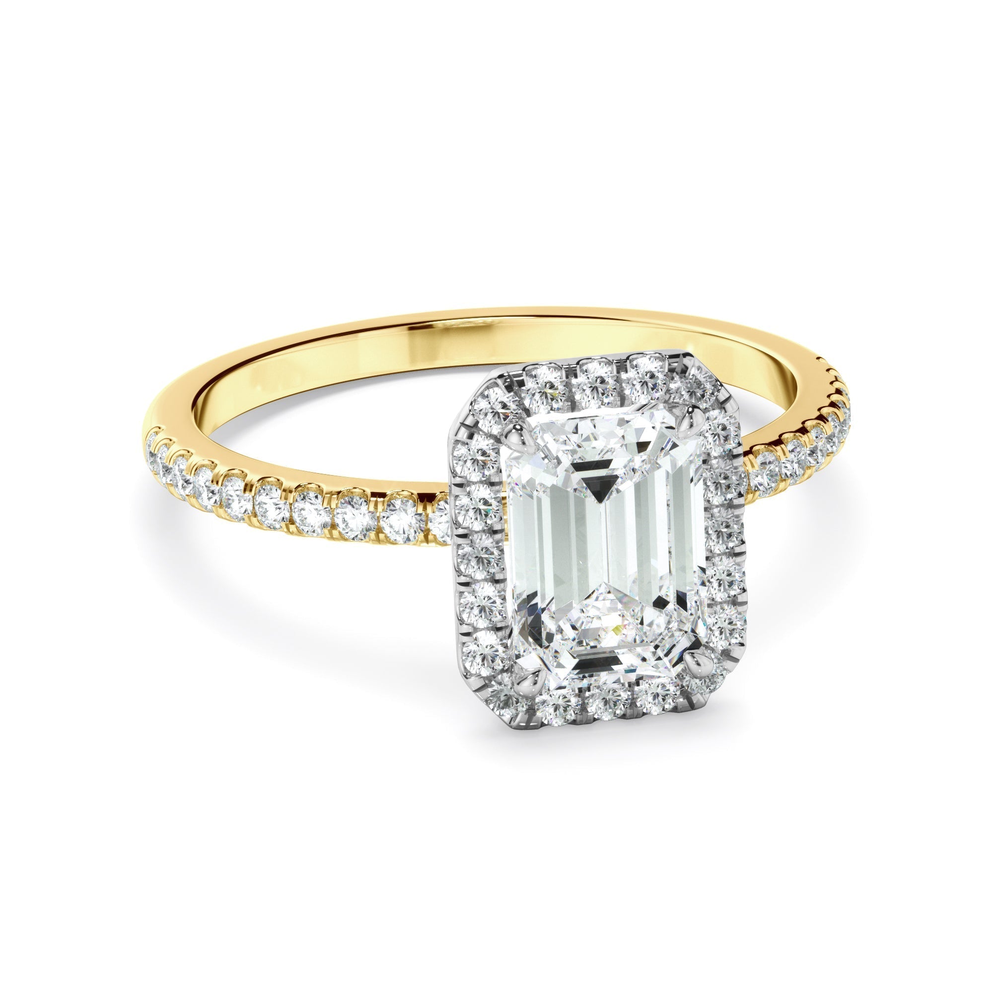 Emerald Cut Diamond Halo Engagement Ring With Pave Band