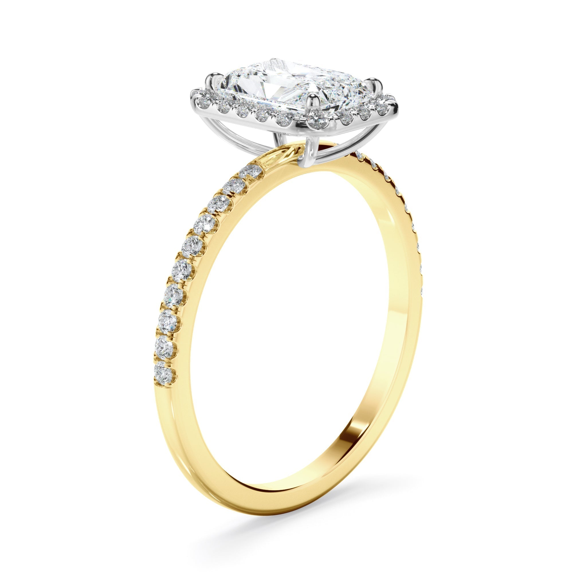 Radiant Cut Diamond Halo Engagement Ring With Pave Band