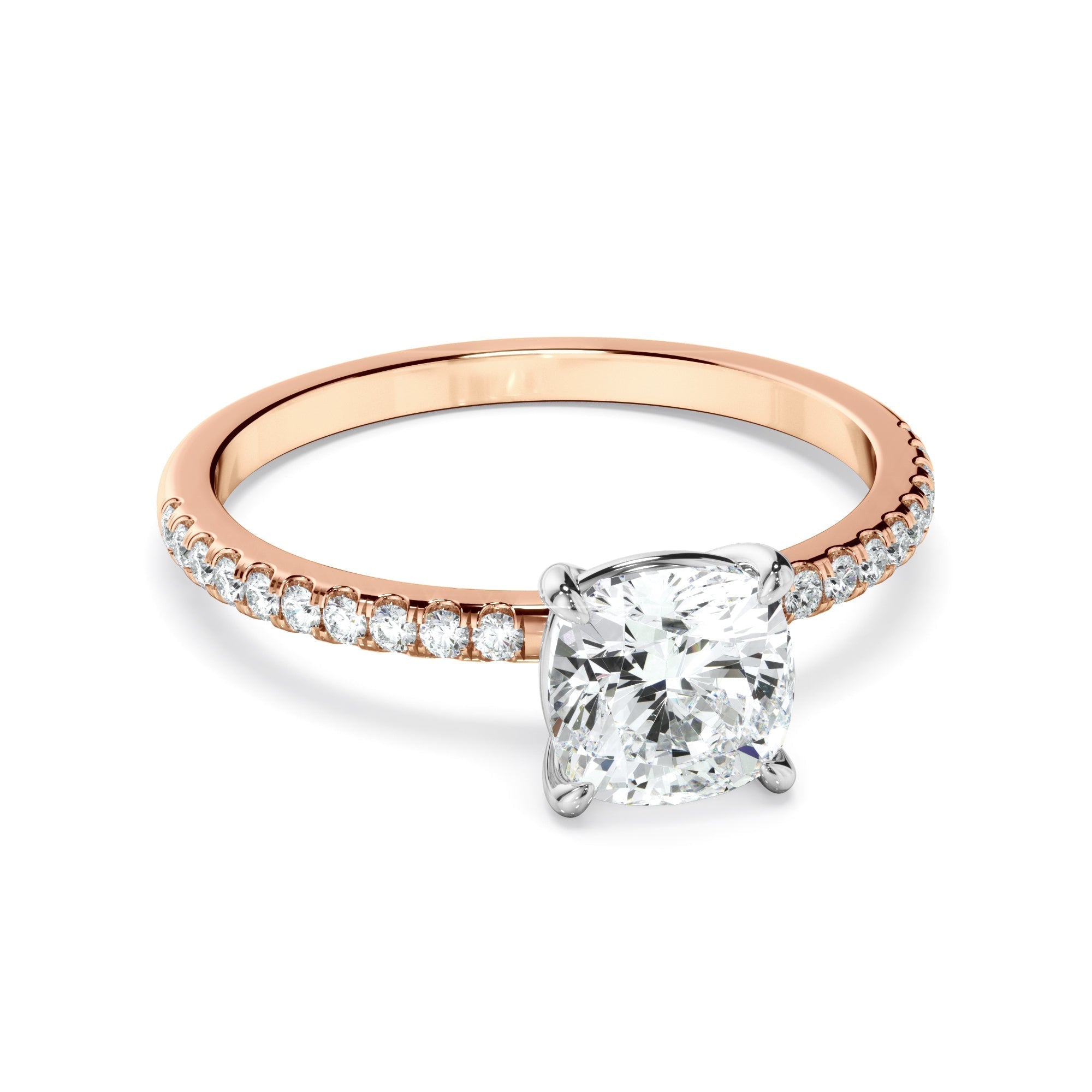 Cushion Cut Diamond Solitaire Engagement Ring With Pave Band