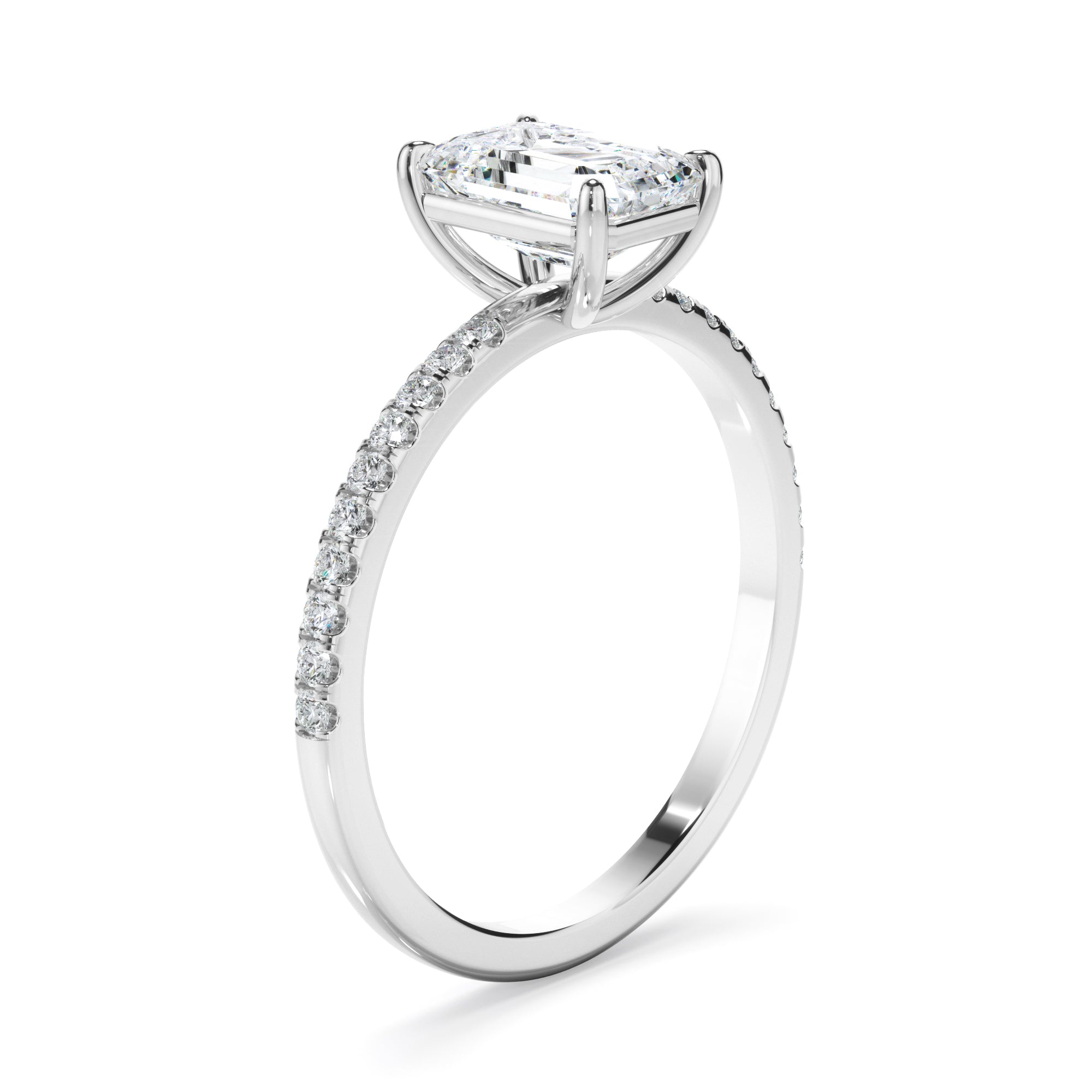 Emerald Cut Diamond Solitaire Engagement Ring With Pave Band