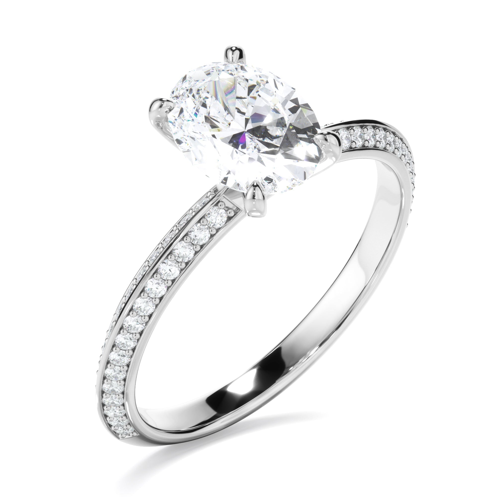 Oval Cut Diamond Knife Edge Engagement Ring With Diamond Pave Sides