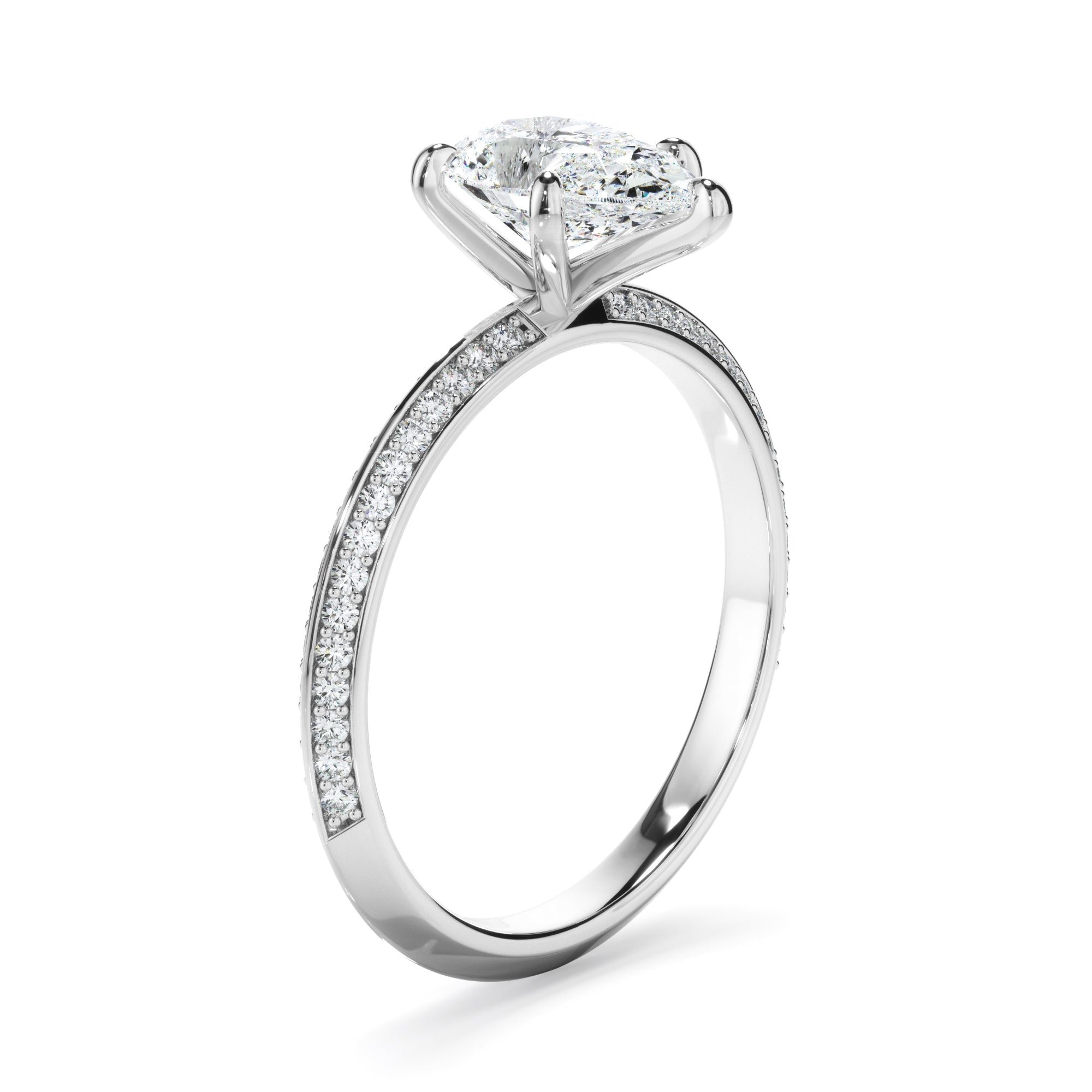 Pear Cut Diamond Knife Edge Engagement Ring With Diamond Pave Sides