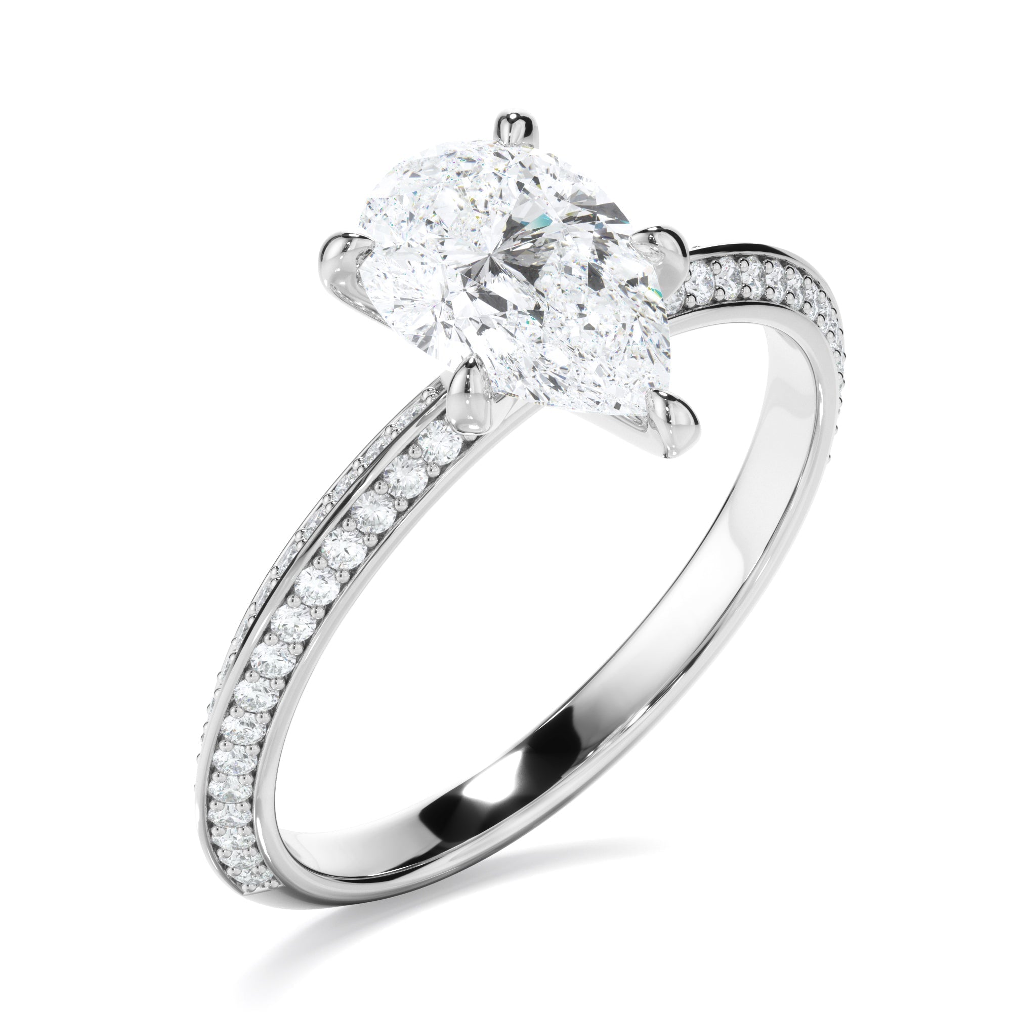 Pear Cut Diamond Knife Edge Engagement Ring With Diamond Pave Sides