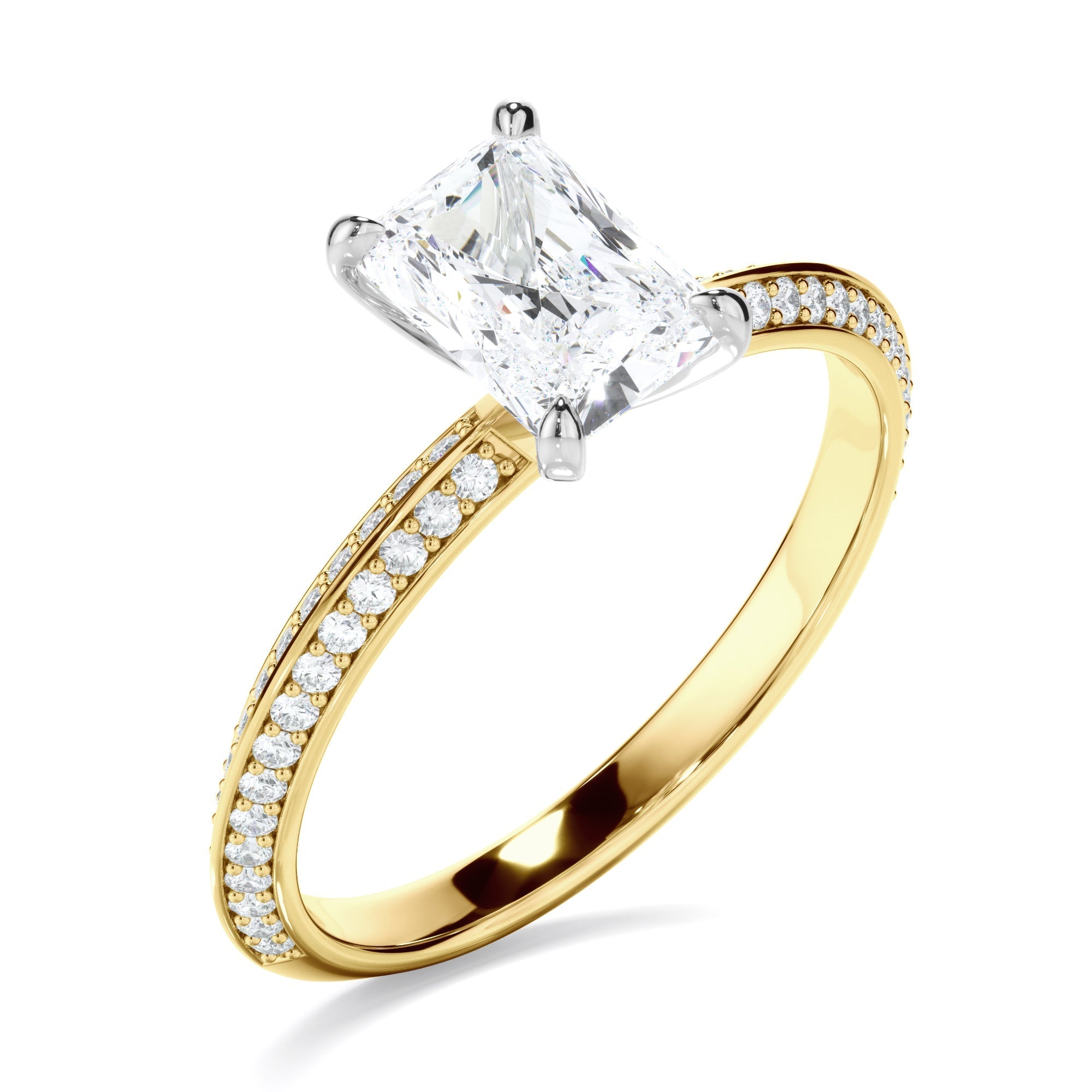 Radiant Cut Diamond Knife Edge Engagement Ring With Diamond Pave Sides