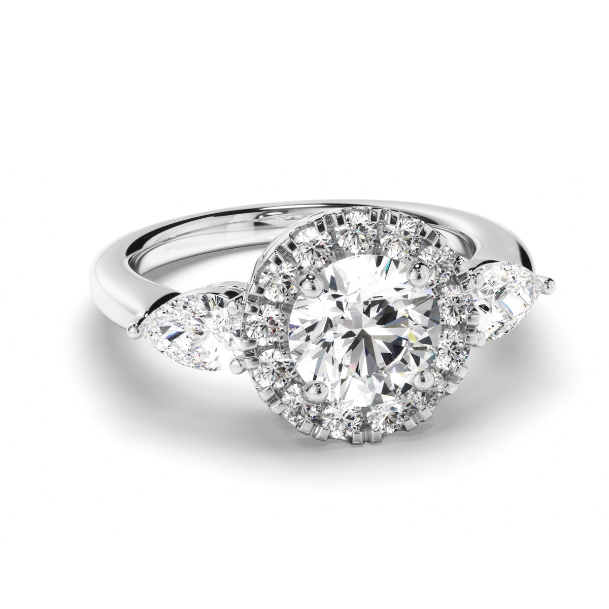 Round Brilliant Cut Diamond Halo Engagement Ring with Pear Sides