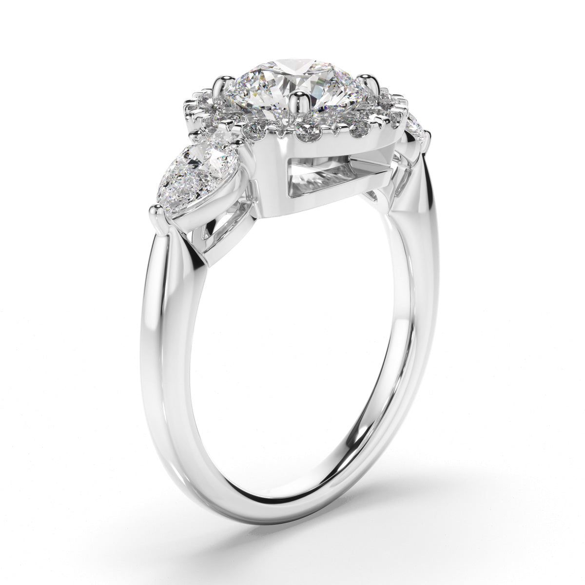 Round Brilliant Cut Diamond Halo Engagement Ring with Pear Sides