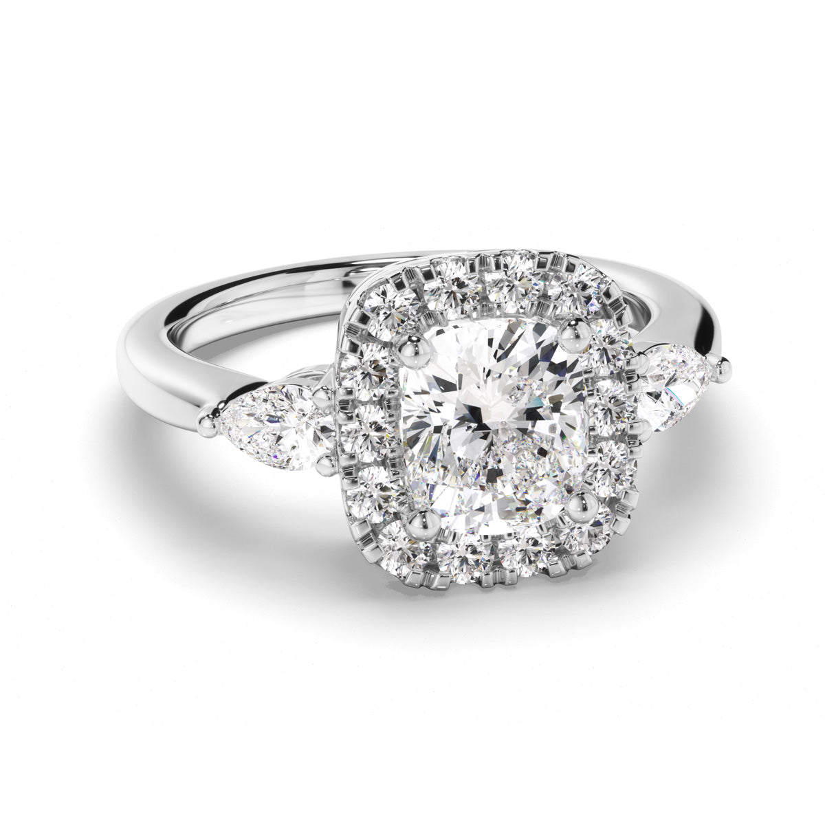 Cushion Cut Diamond Halo Engagement Ring with Pear Sides