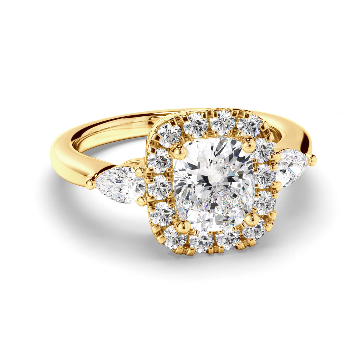 Cushion Cut Diamond Halo Engagement Ring with Pear Sides