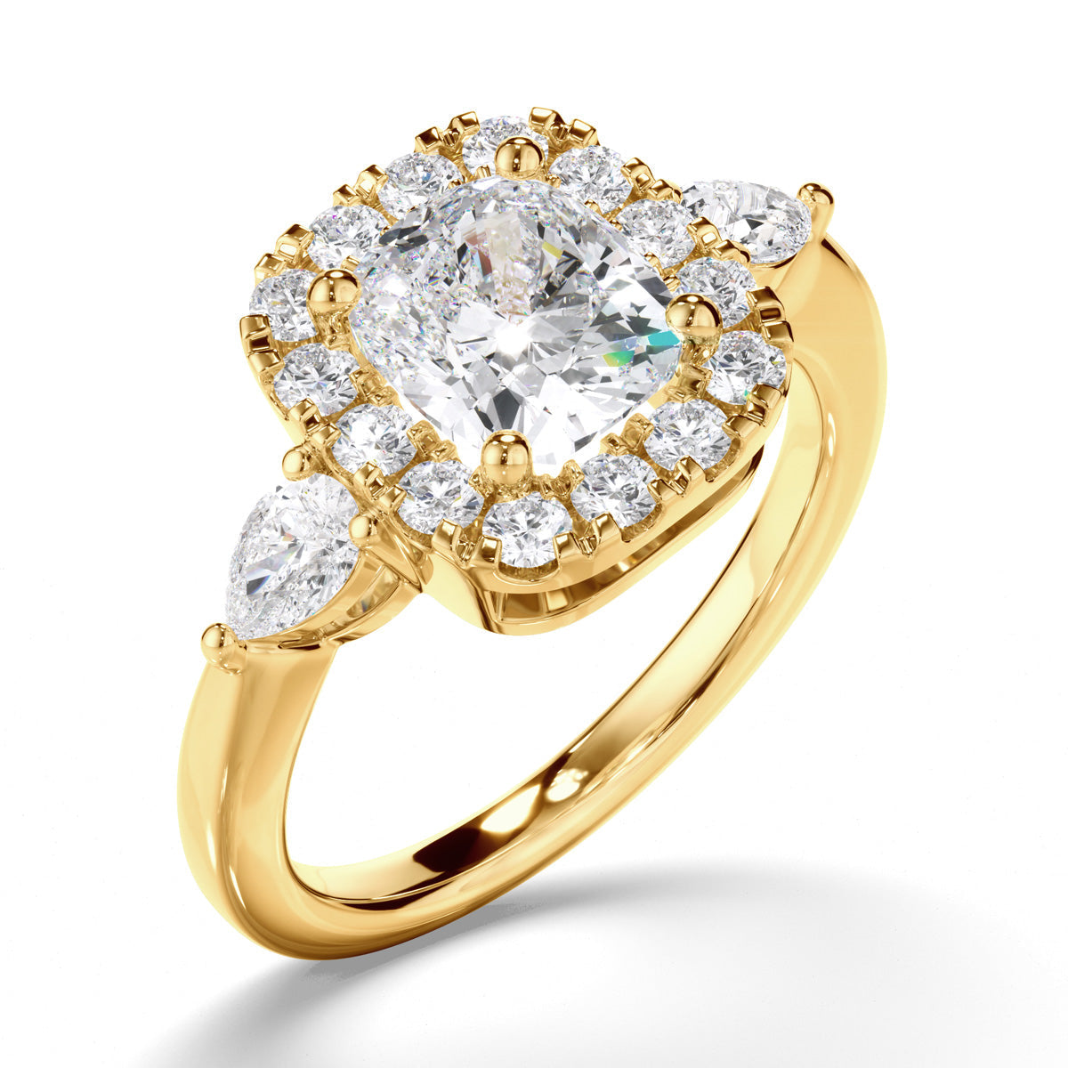 Cushion Cut Diamond Halo Engagement Ring with Pear Sides