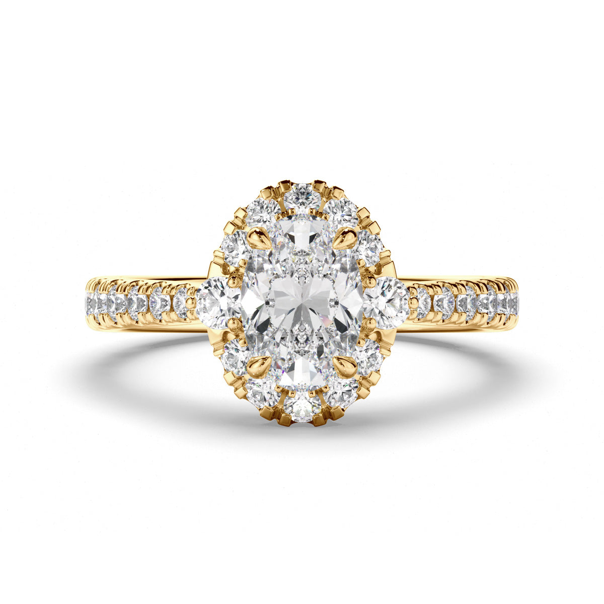 Oval Cut Diamond Halo Engagement Ring with Diamond Sides