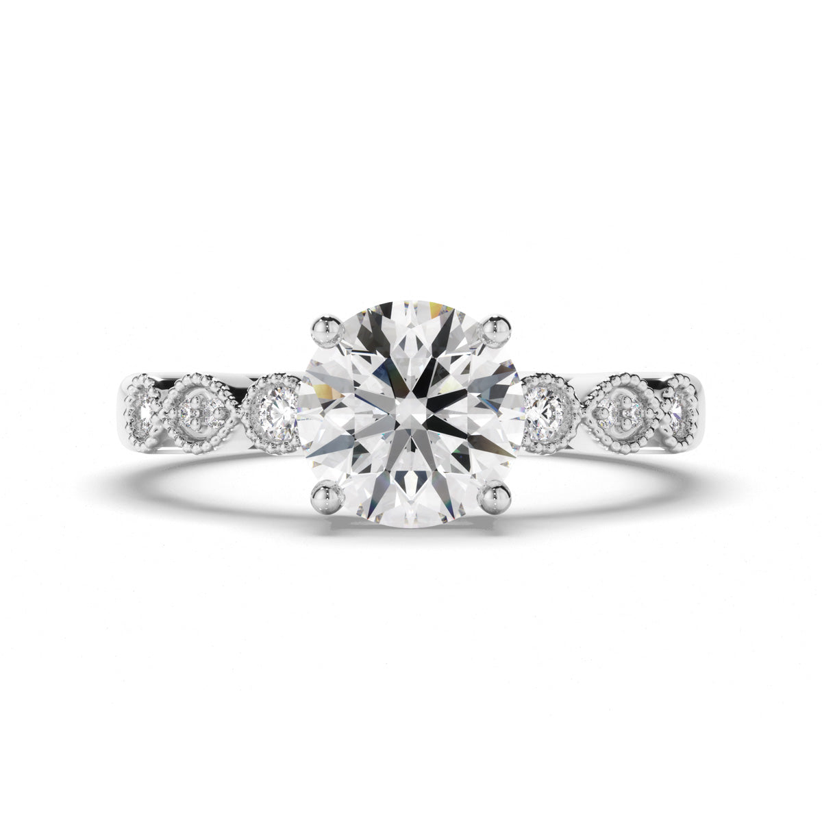 Round Brilliant Cut Diamond Engagement Ring with Diamond Sides