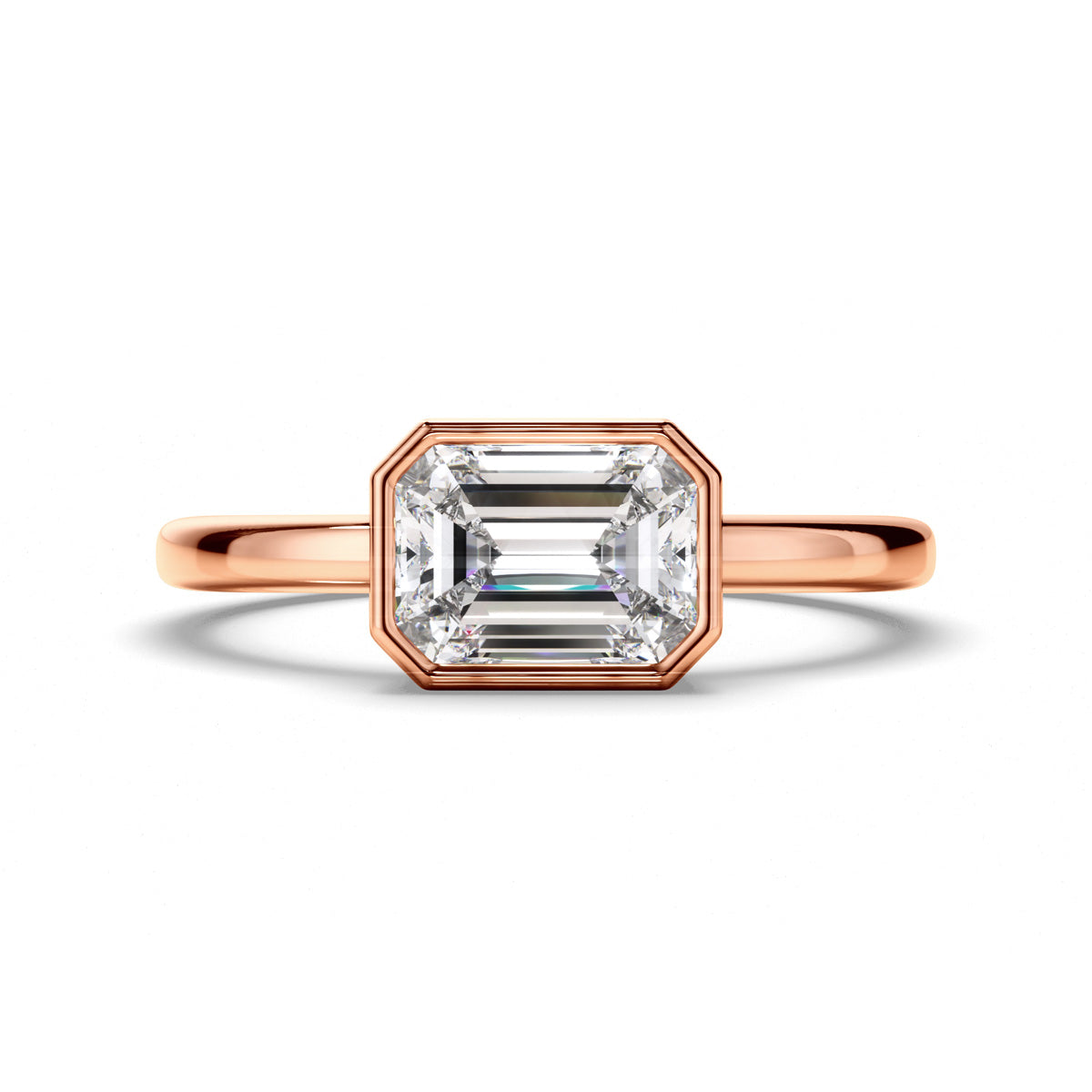 Emerald Cut Diamond Bezel East West Solitaire Engagement Ring