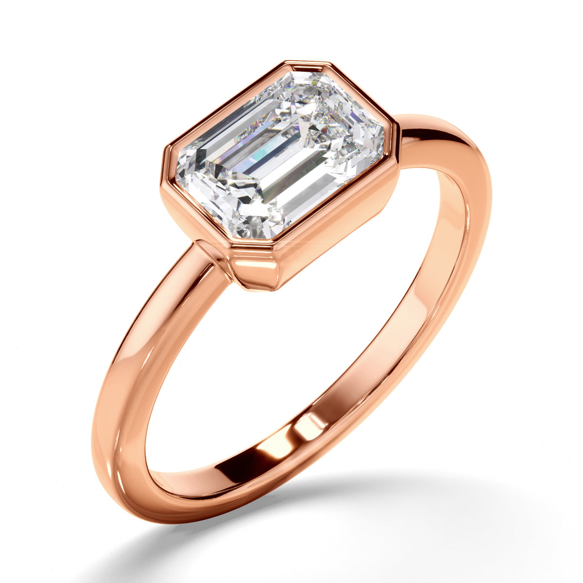 Emerald Cut Diamond Bezel East West Solitaire Engagement Ring