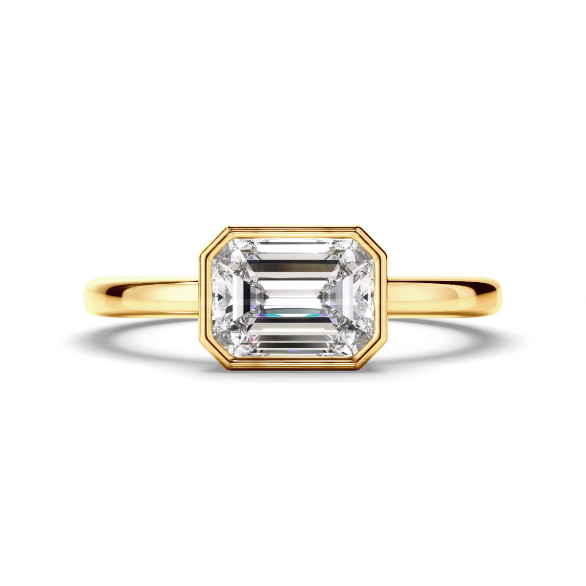 Emerald Cut Diamond Bezel East West Solitaire Engagement Ring