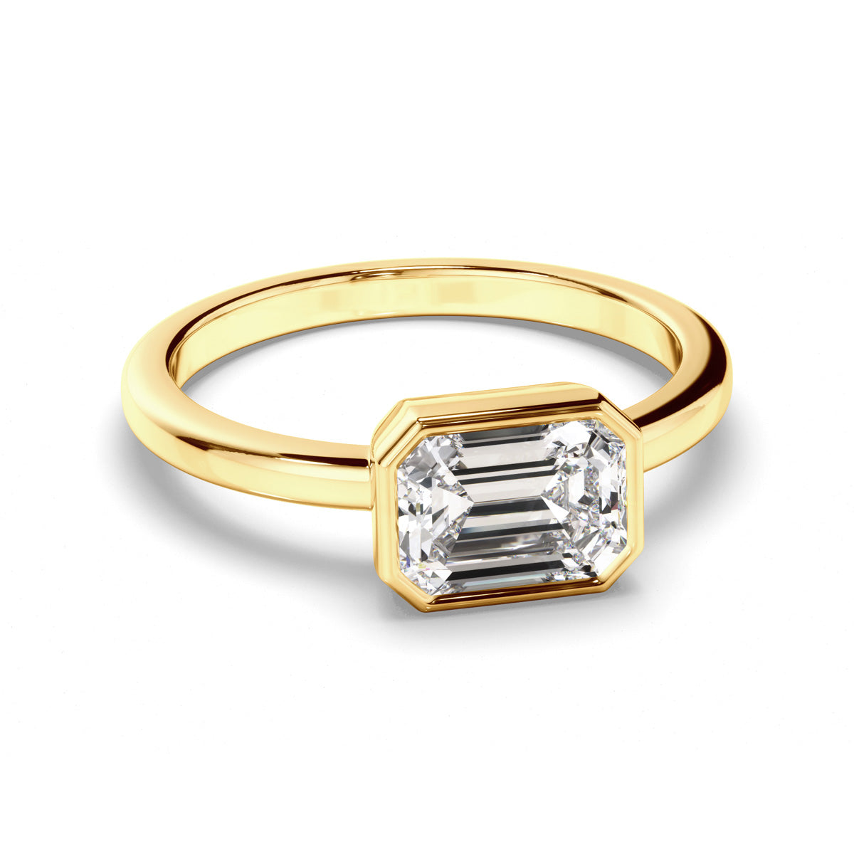 Emerald Cut Diamond Bezel East West Solitaire Engagement Ring