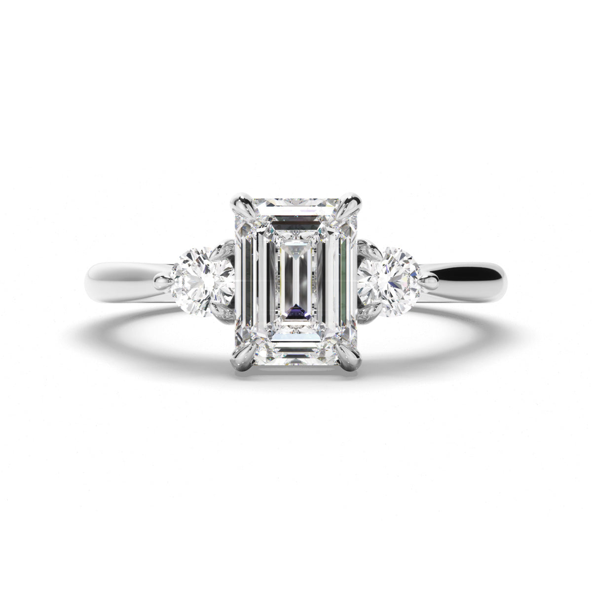 Emerald Cut Diamond Trilogy Engagement Ring with Round Brilliant Sides