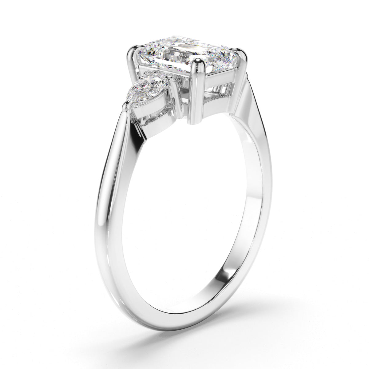 Emerald Cut Diamond Trilogy Engagement Ring with Pear Sides