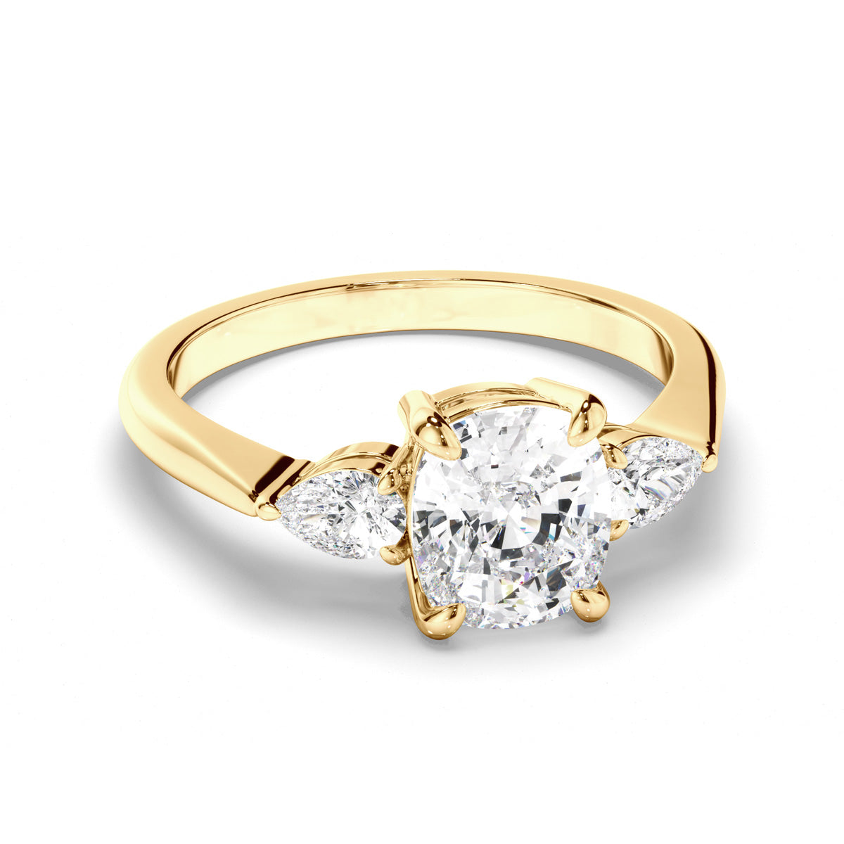 Cushion Cut Diamond Trilogy Engagement Ring with Pear Sides