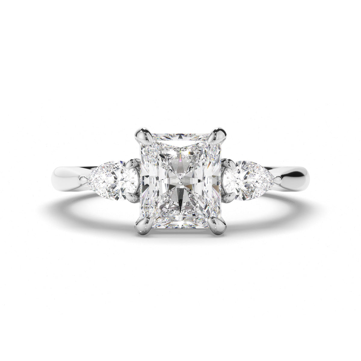 Radiant Cut Diamond Trilogy Engagement Ring with Pear Sides