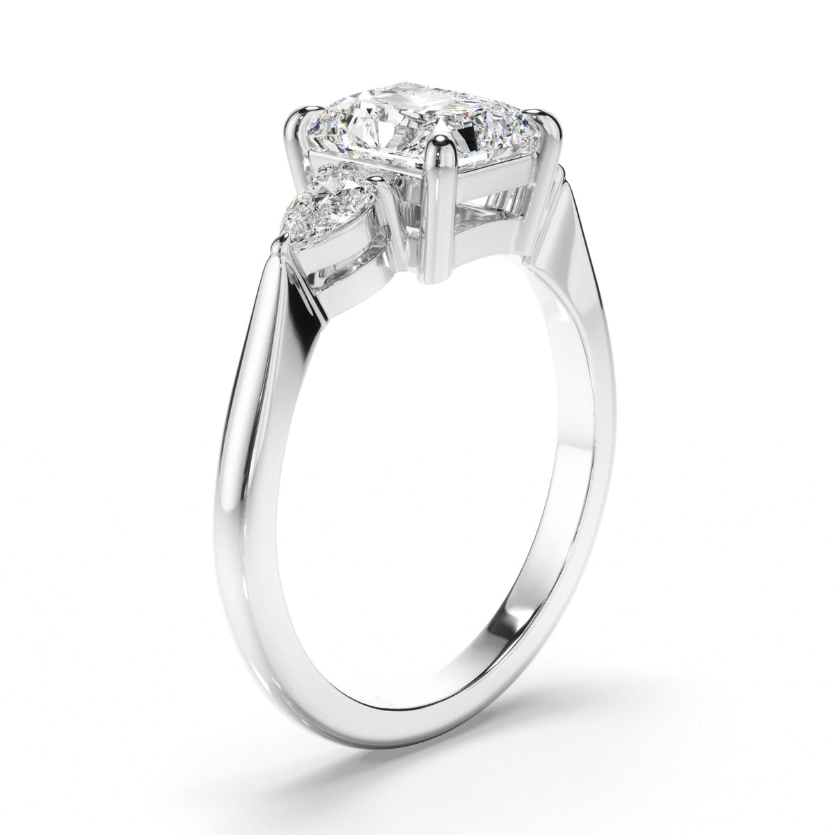 Radiant Cut Diamond Trilogy Engagement Ring with Pear Sides