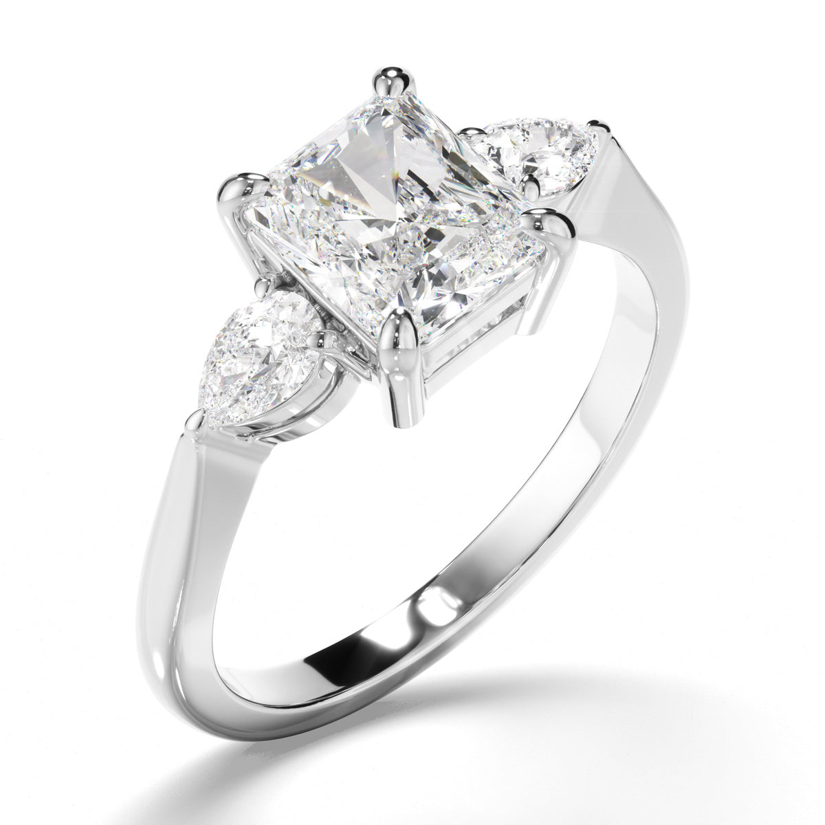 Radiant Cut Diamond Trilogy Engagement Ring with Pear Sides