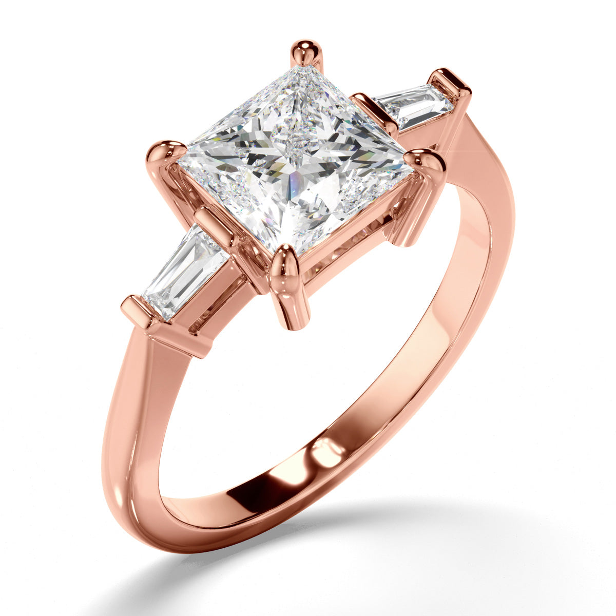 Princess Cut Diamond Trilogy Engagement Ring with Baguette Sides