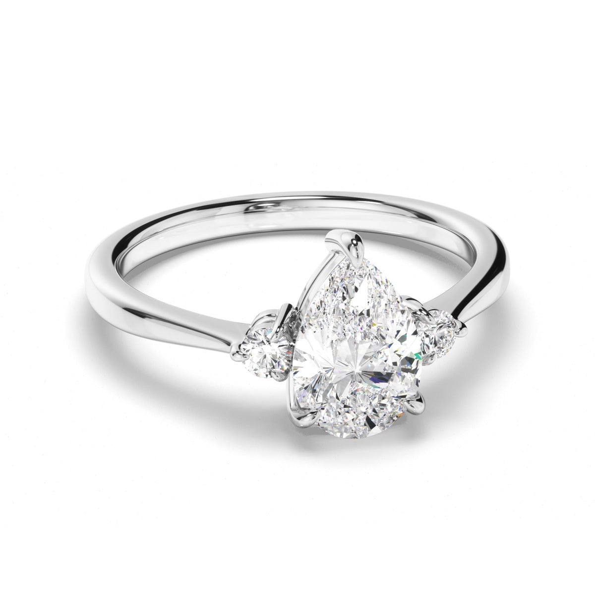 Pear Cut Diamond Trilogy Engagement Ring with Round Brilliant Sides