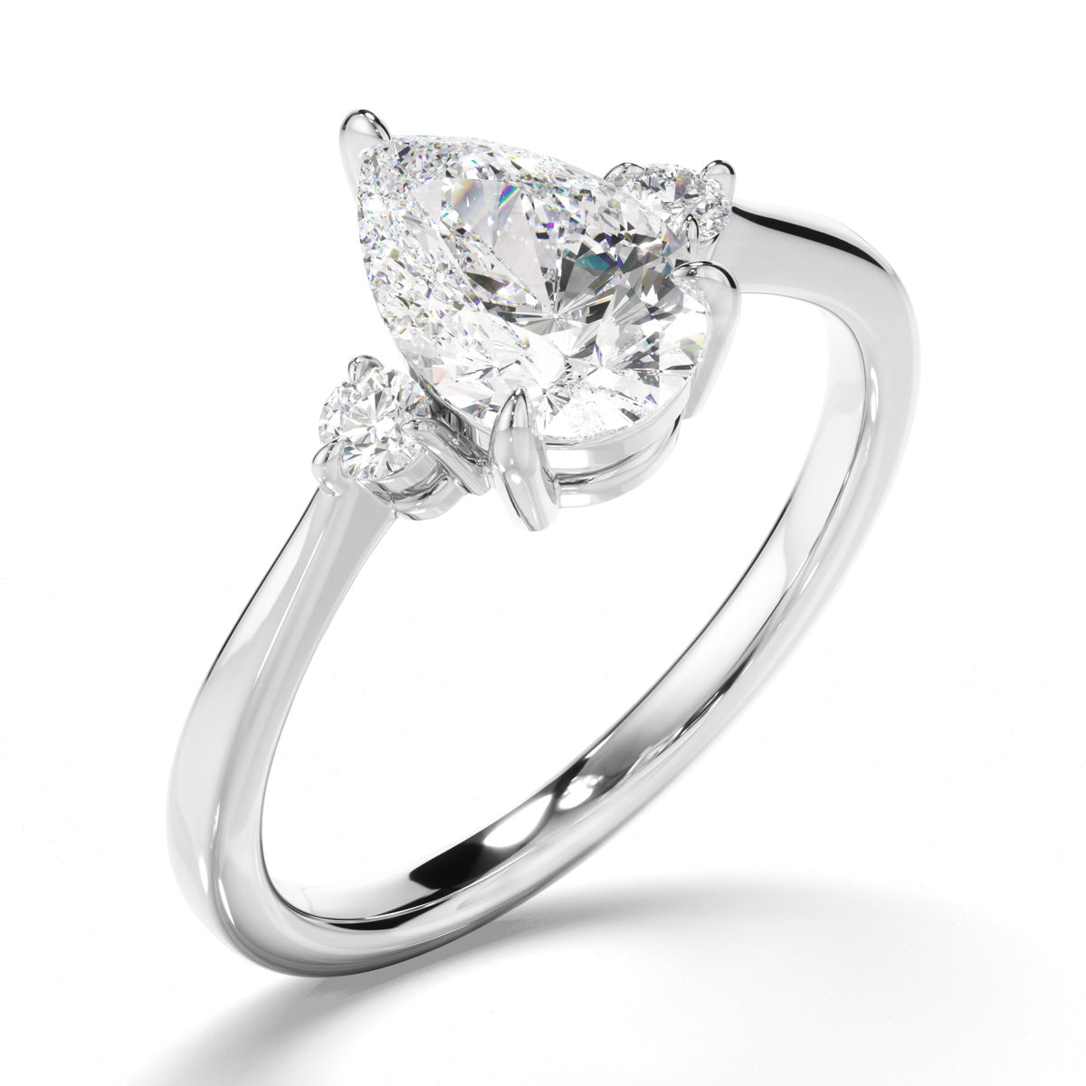 Pear Cut Diamond Trilogy Engagement Ring with Round Brilliant Sides