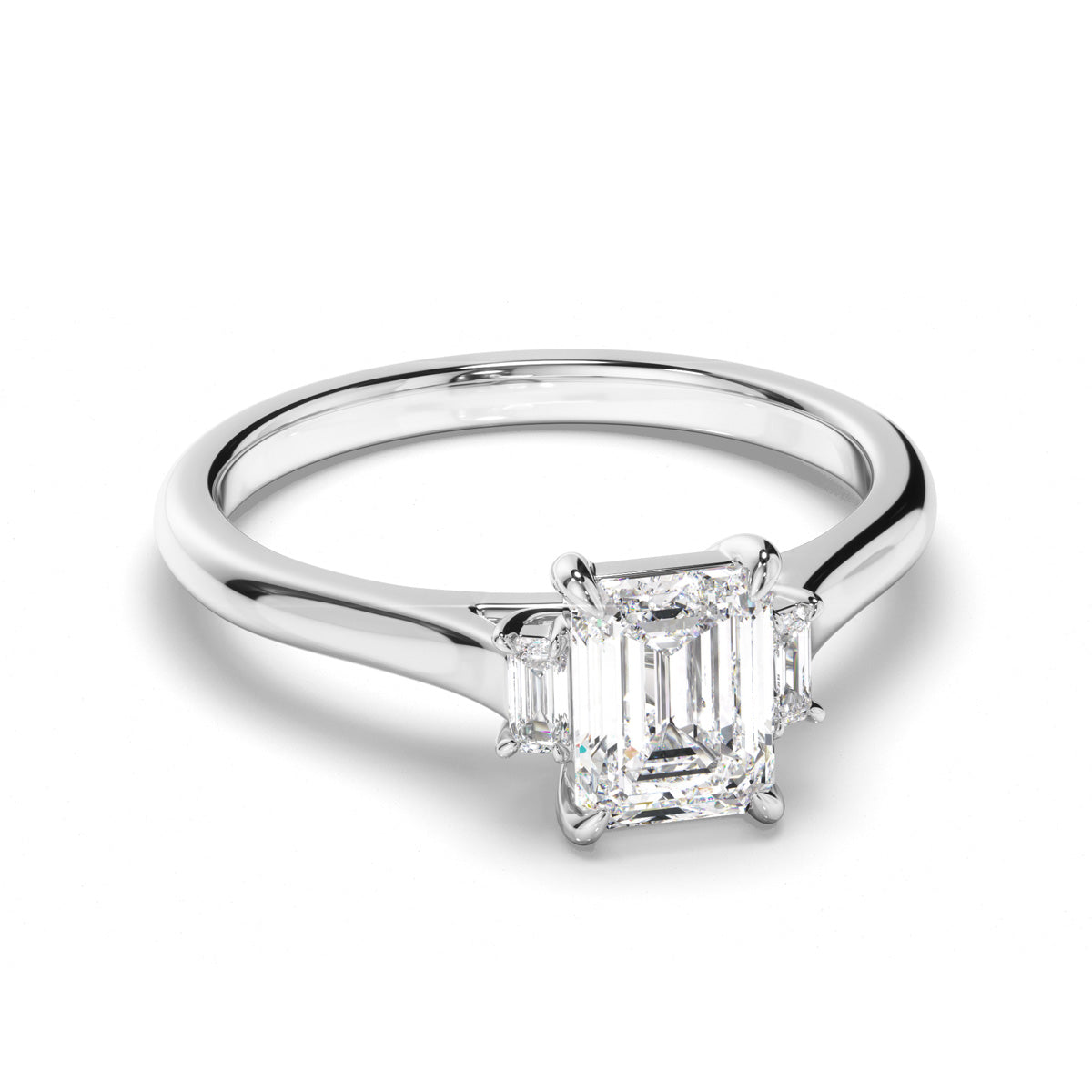 Emerald Cut Diamond Trilogy Engagement Ring with Baguette Sides