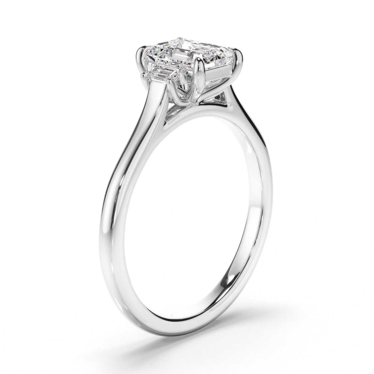 Emerald Cut Diamond Trilogy Engagement Ring with Baguette Sides