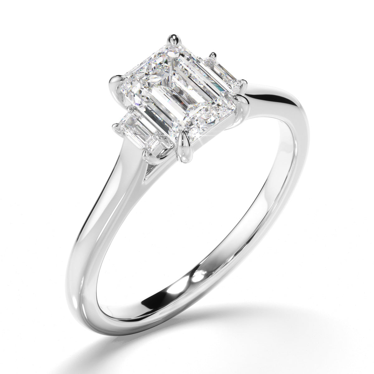 Emerald Cut Diamond Trilogy Engagement Ring with Baguette Sides