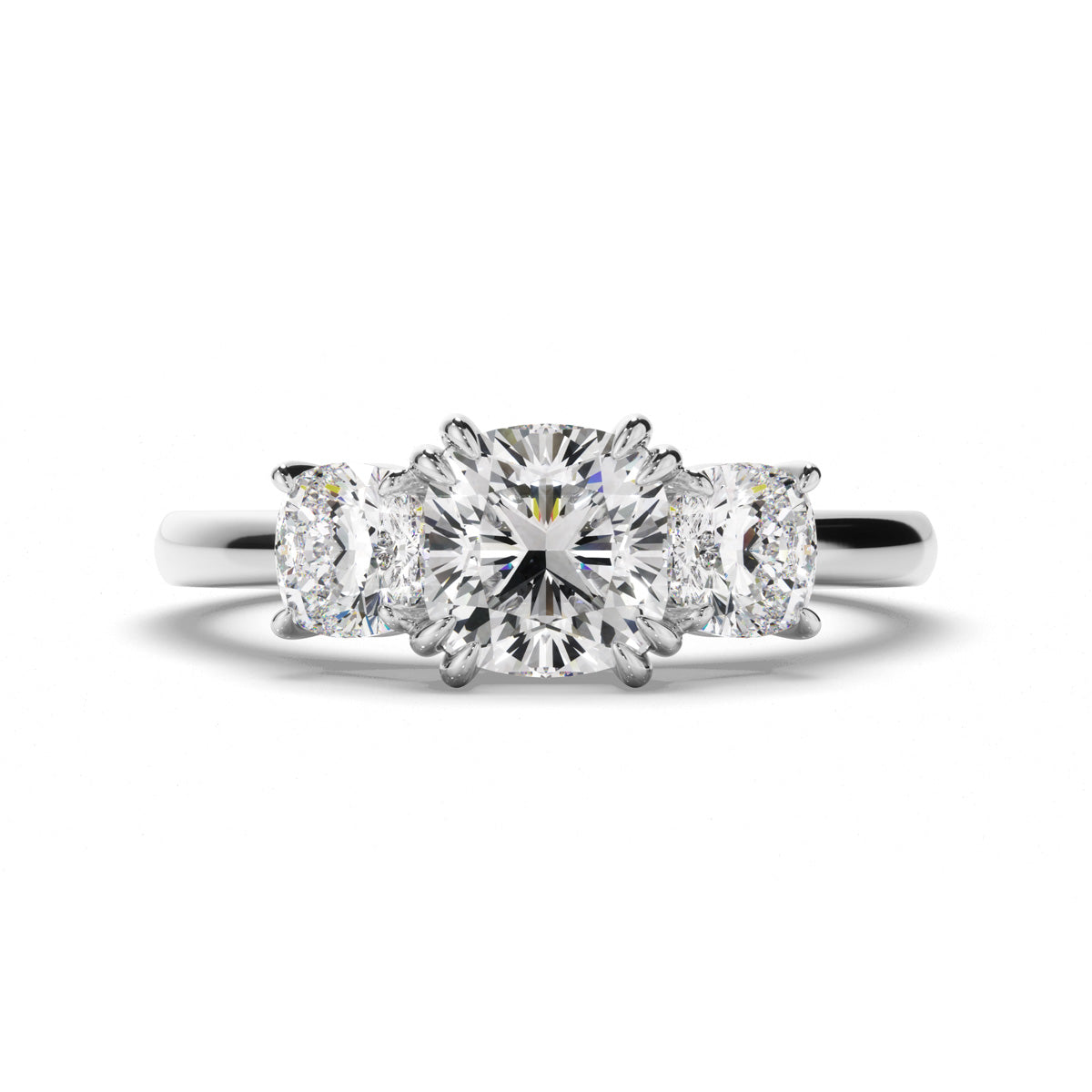 Cushion Cut Diamond Trilogy Engagement Ring with Round Brilliant Sides