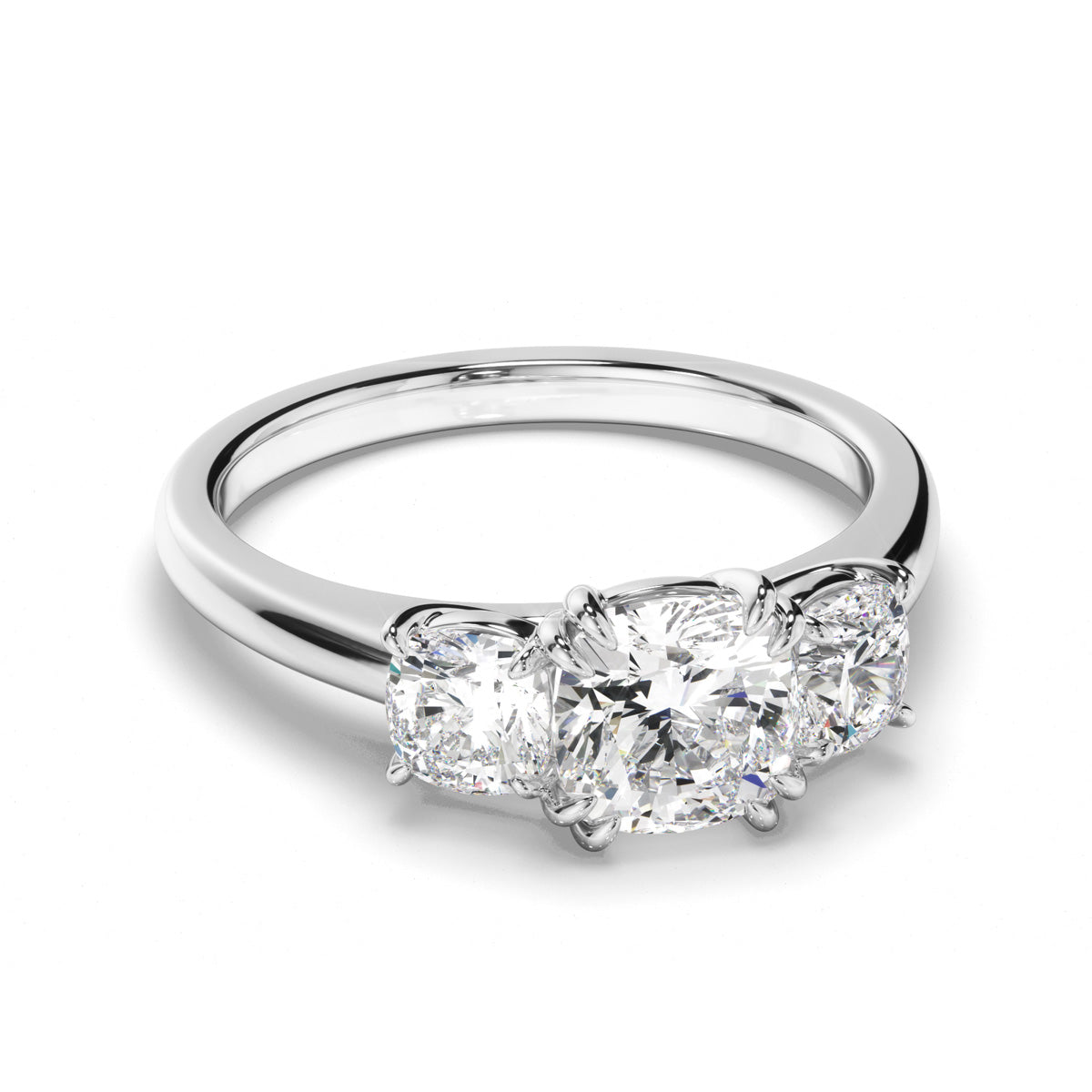 Cushion Cut Diamond Trilogy Engagement Ring with Round Brilliant Sides