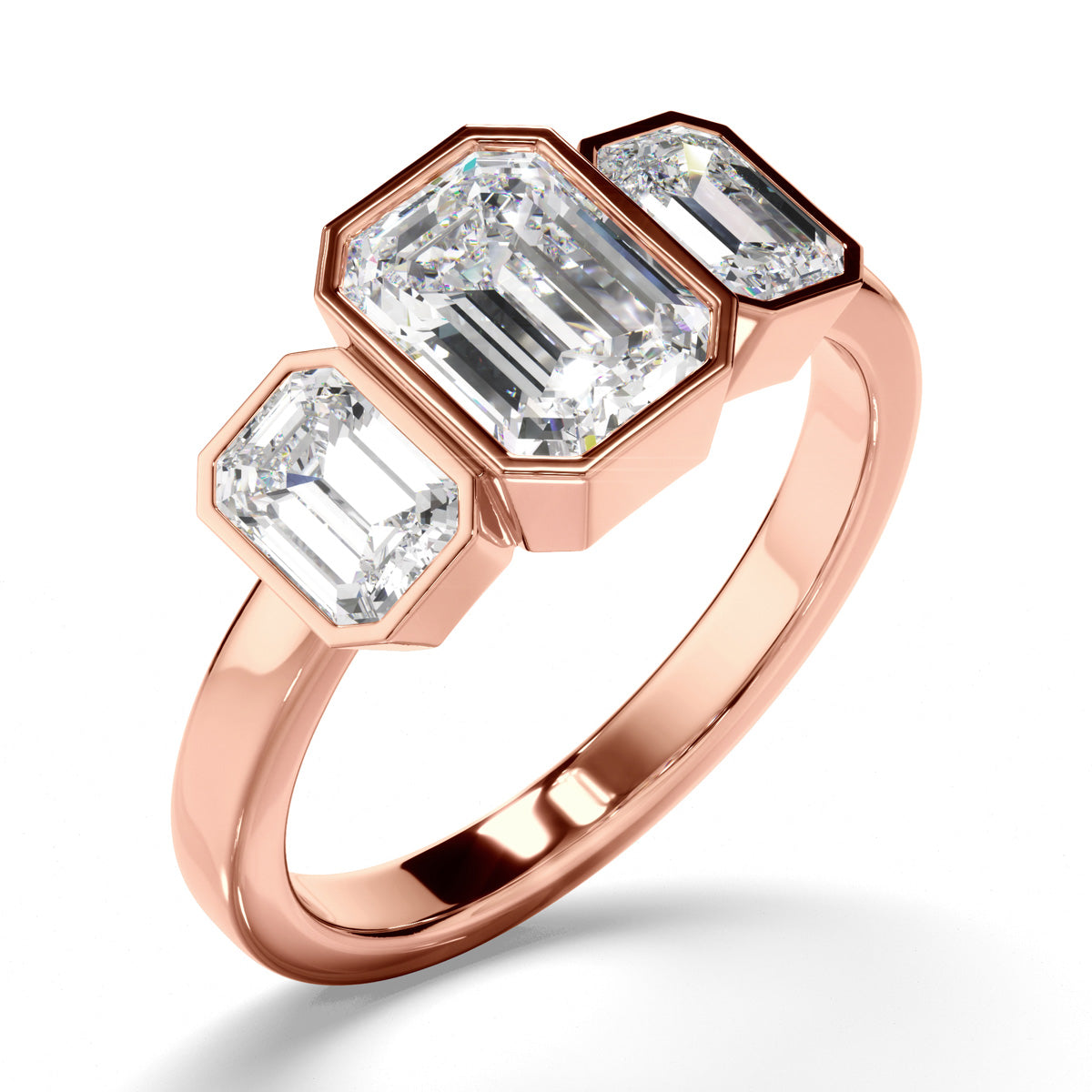 Emerald Cut Diamond Bezel Set Trilogy Engagement Ring