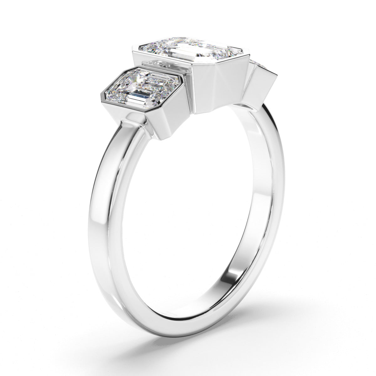 Emerald Cut Diamond Bezel Set Trilogy Engagement Ring