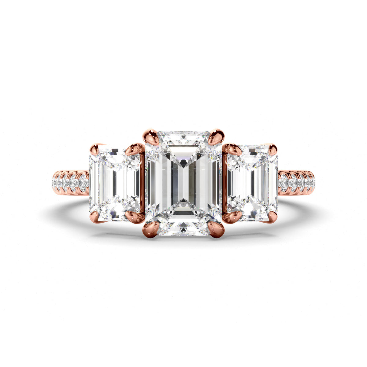 Emerald Cut Diamond Trilogy Engagement Ring with Pave Sides