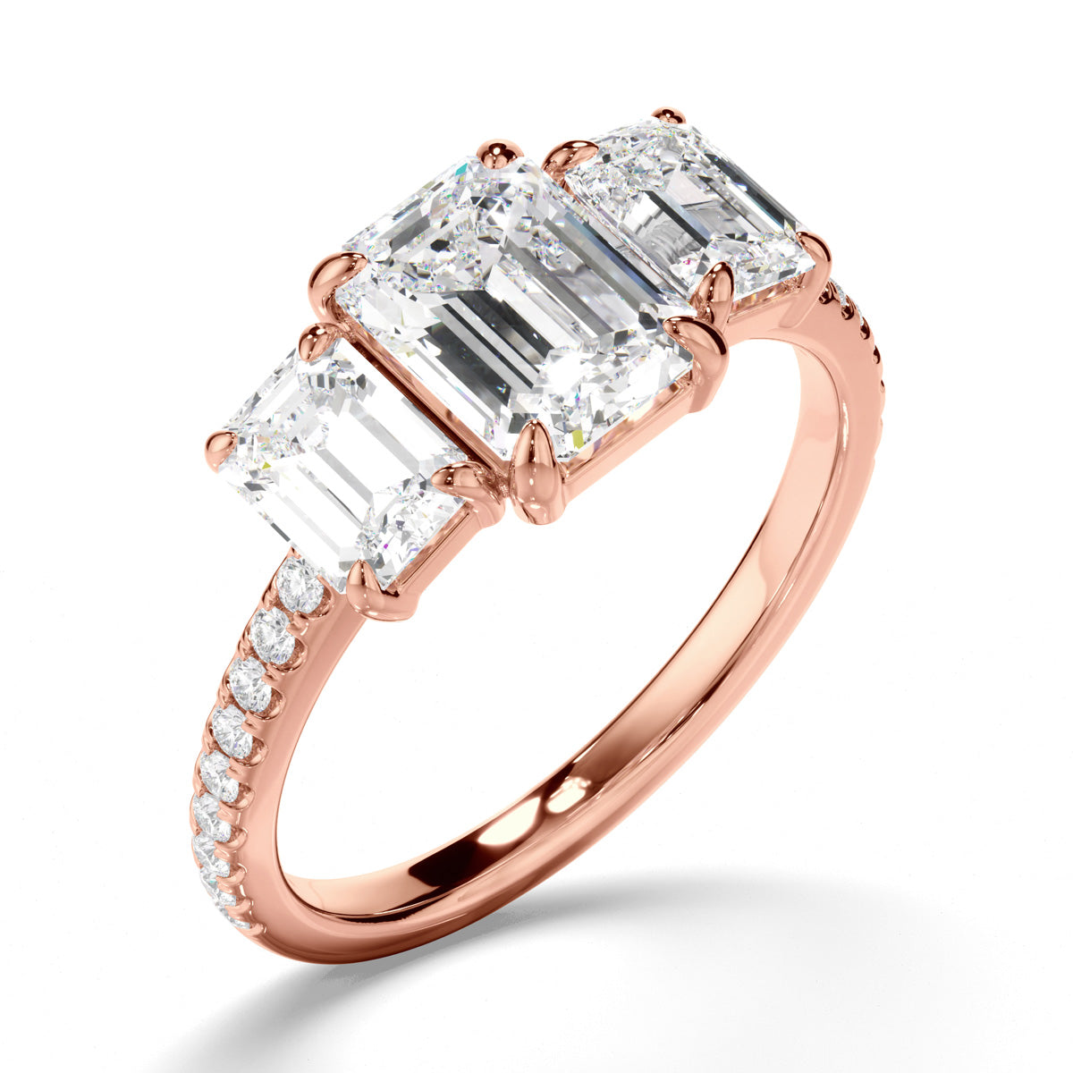 Emerald Cut Diamond Trilogy Engagement Ring with Pave Sides