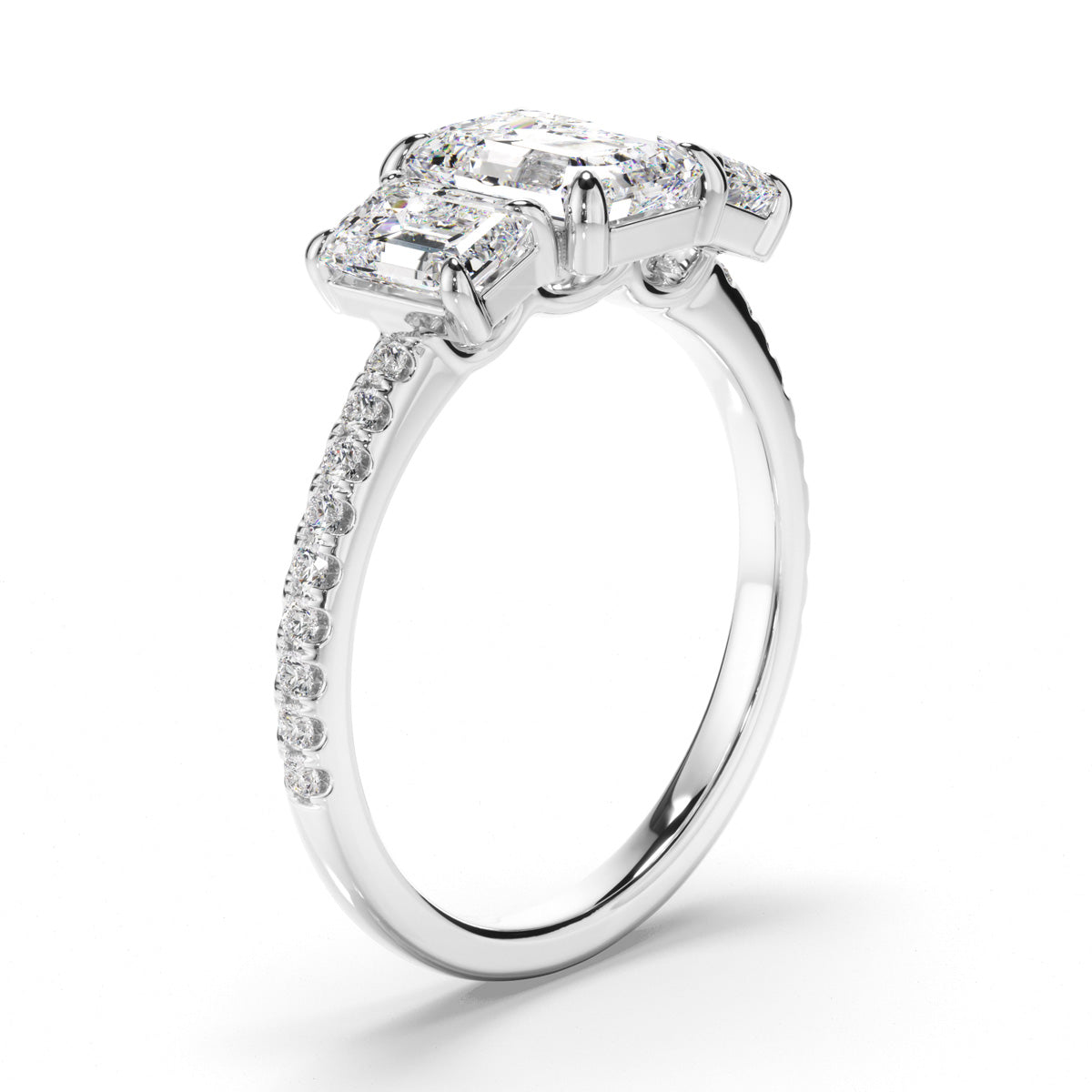 Emerald Cut Diamond Trilogy Engagement Ring with Pave Sides