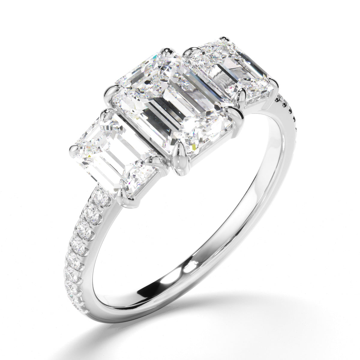 Emerald Cut Diamond Trilogy Engagement Ring with Pave Sides