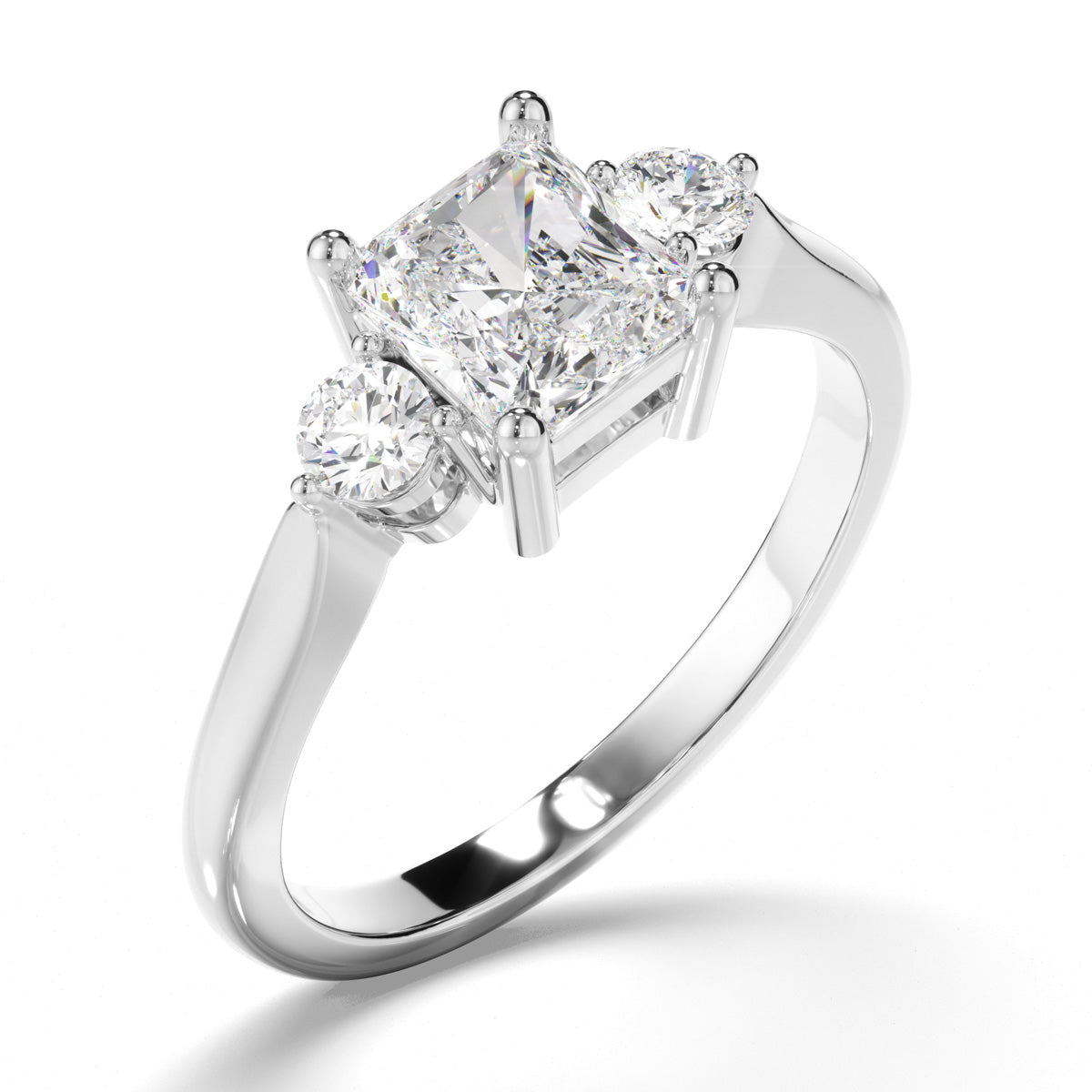 Radiant Cut Diamond Trilogy Engagement Ring with Round Brilliant Sides