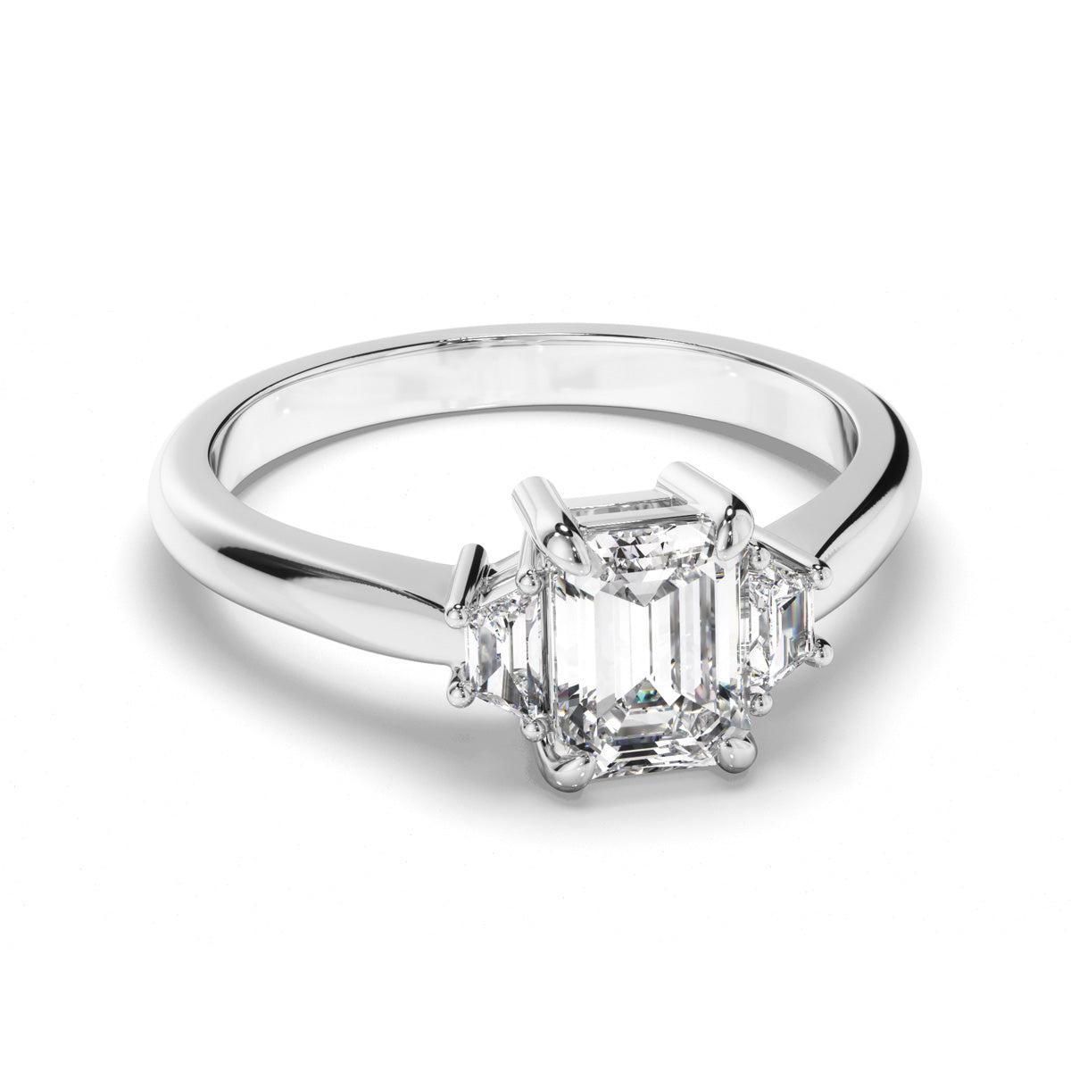 Emerald Cut Diamond Trilogy Engagement Ring with Baguette Sides