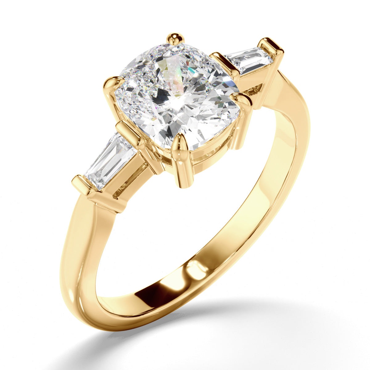 Cushion Cut Diamond Trilogy Engagement Ring with Baguette Sides