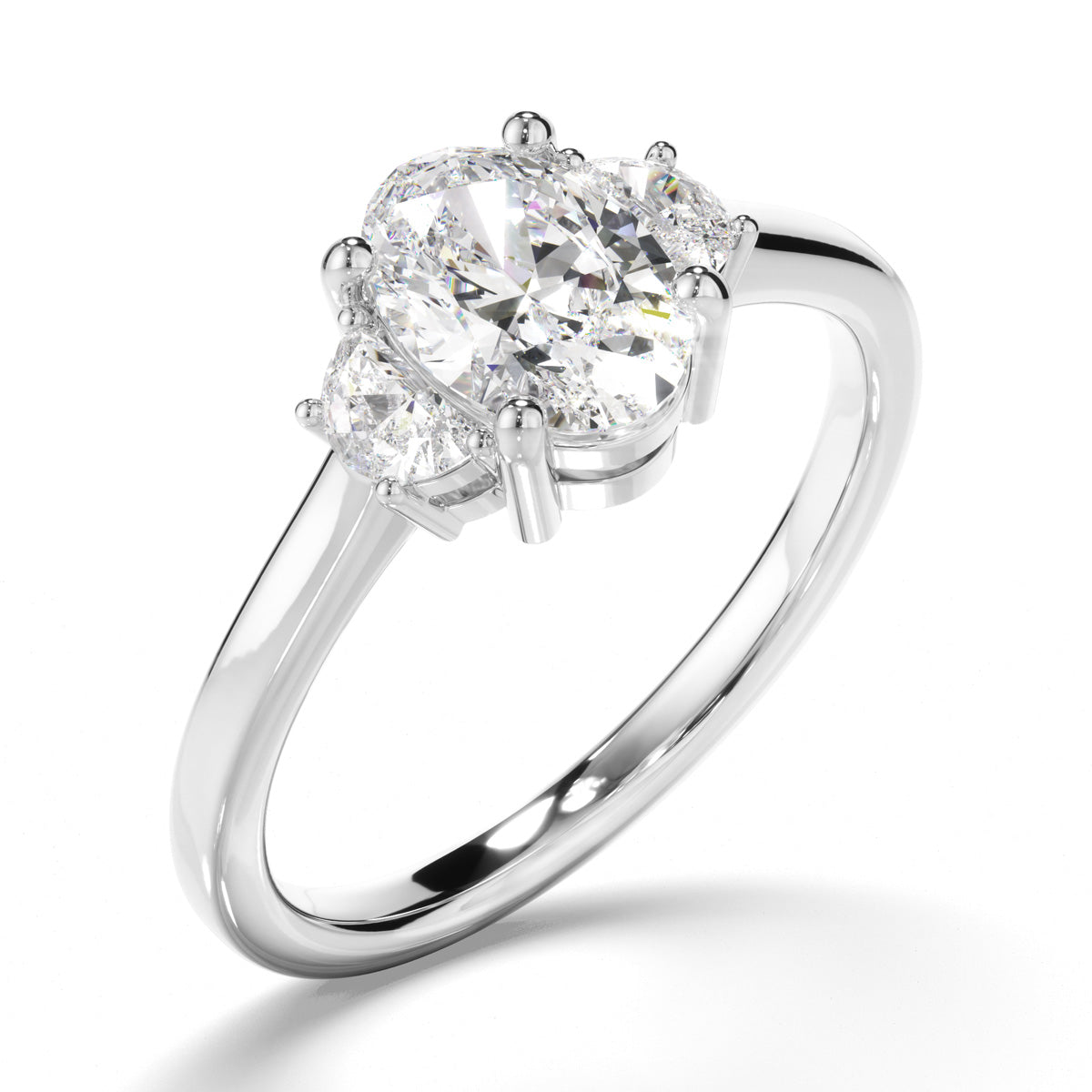 Oval Cut Diamond Trilogy Engagement Ring with Half Moon Sides