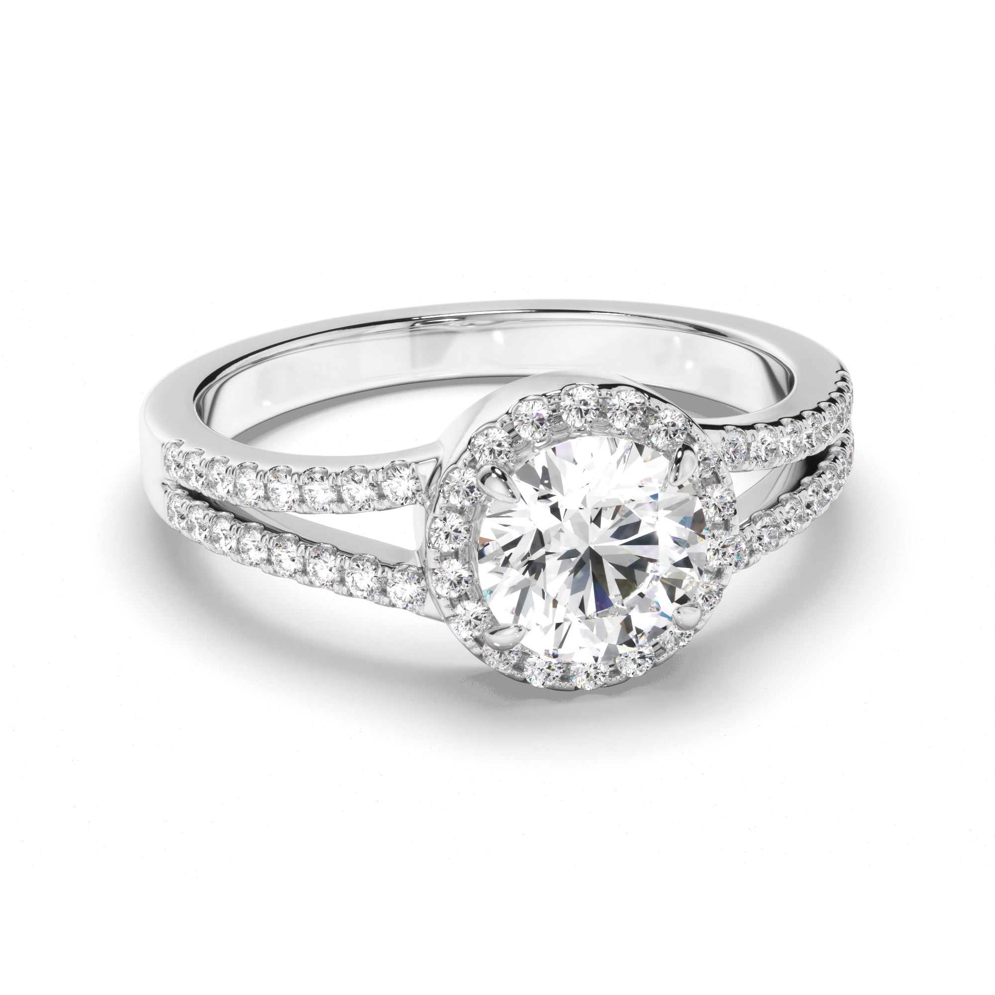 Round Brilliant Cut Diamond Halo Engagement Ring with Pave Sides