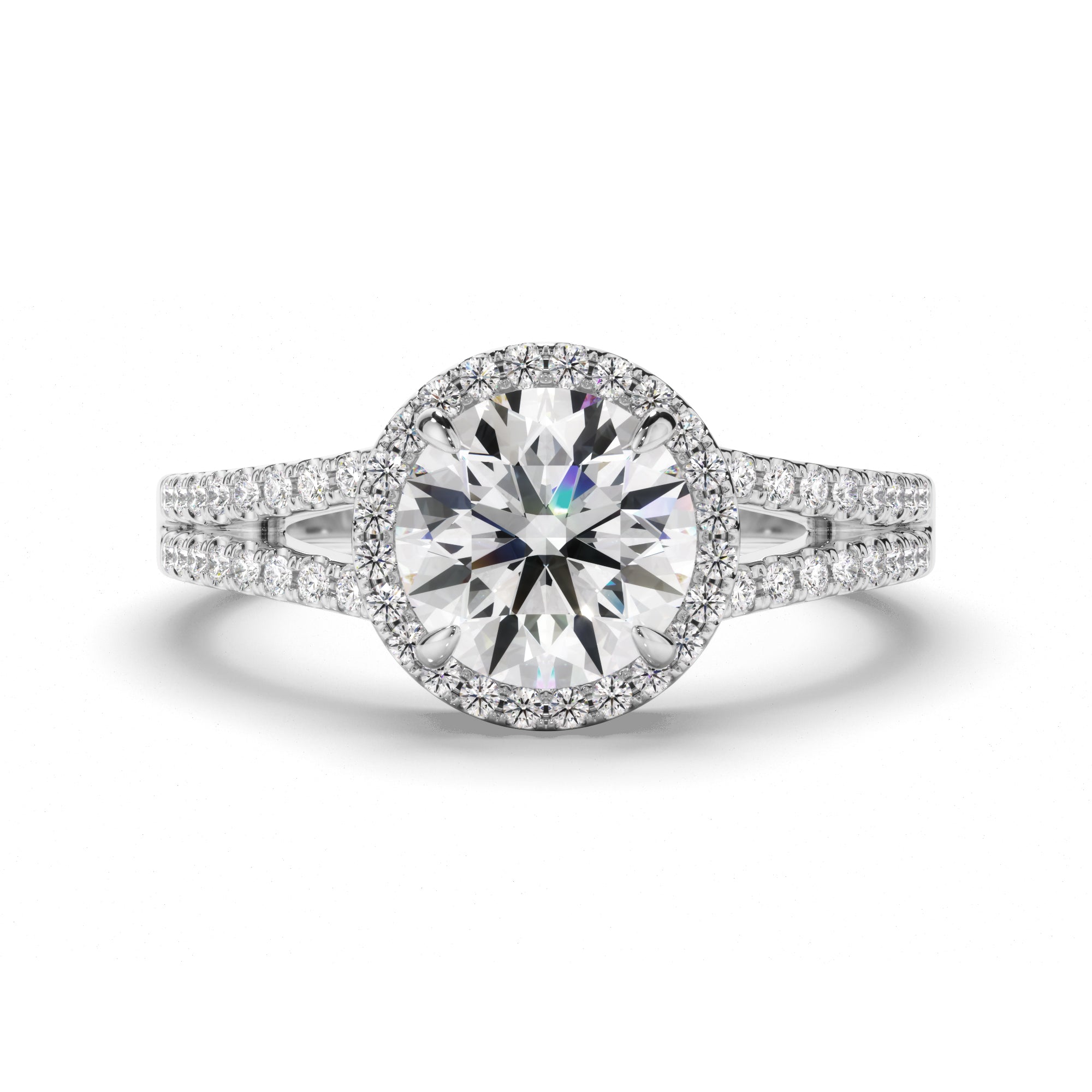 Round Brilliant Cut Diamond Halo Engagement Ring with Pave Sides