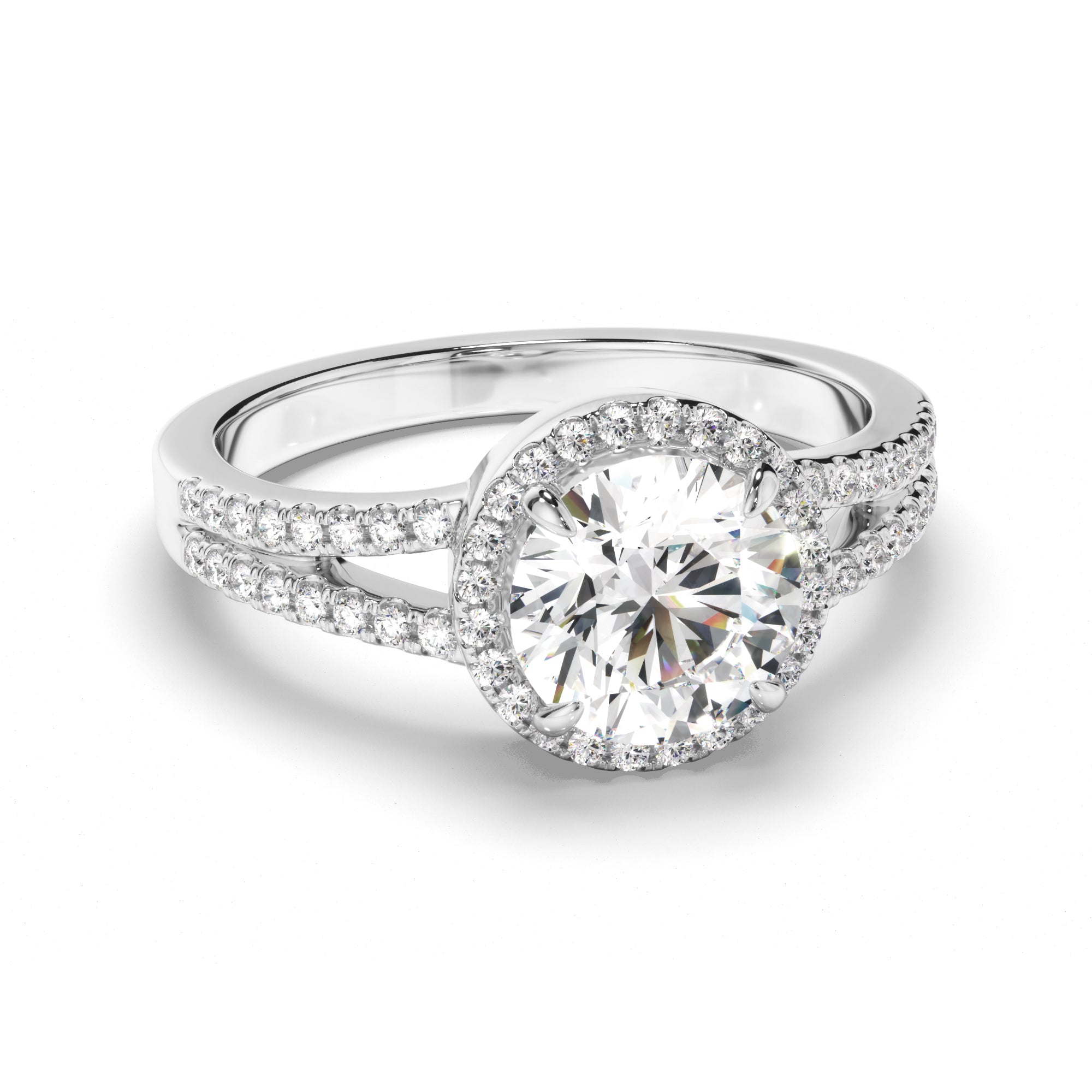 Round Brilliant Cut Diamond Halo Engagement Ring with Pave Sides